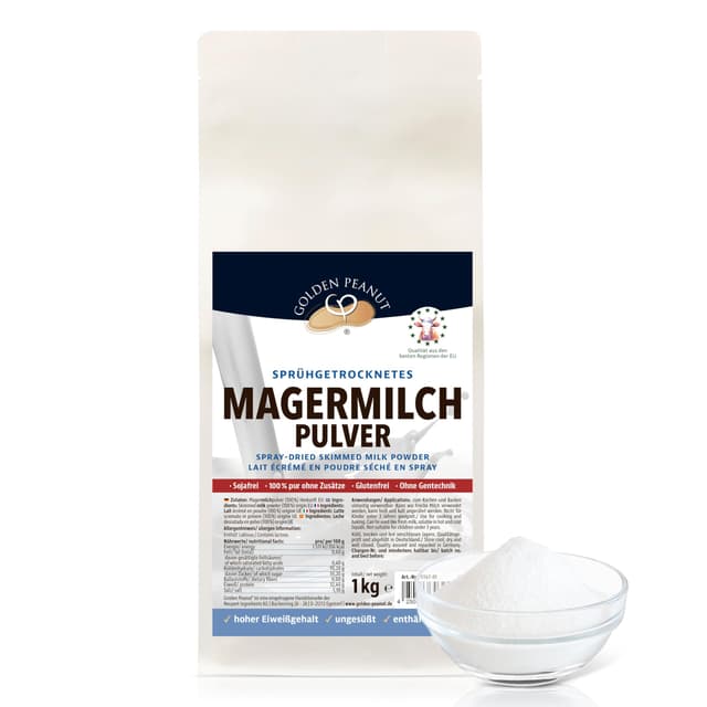 GOLDEN PEANUT Magermilchpulver 1 kg - fettarm sprühgetrocknet, lange haltbare Magermilch, Frischmilch Ersatz, Eisherstellung, Herkunft EU