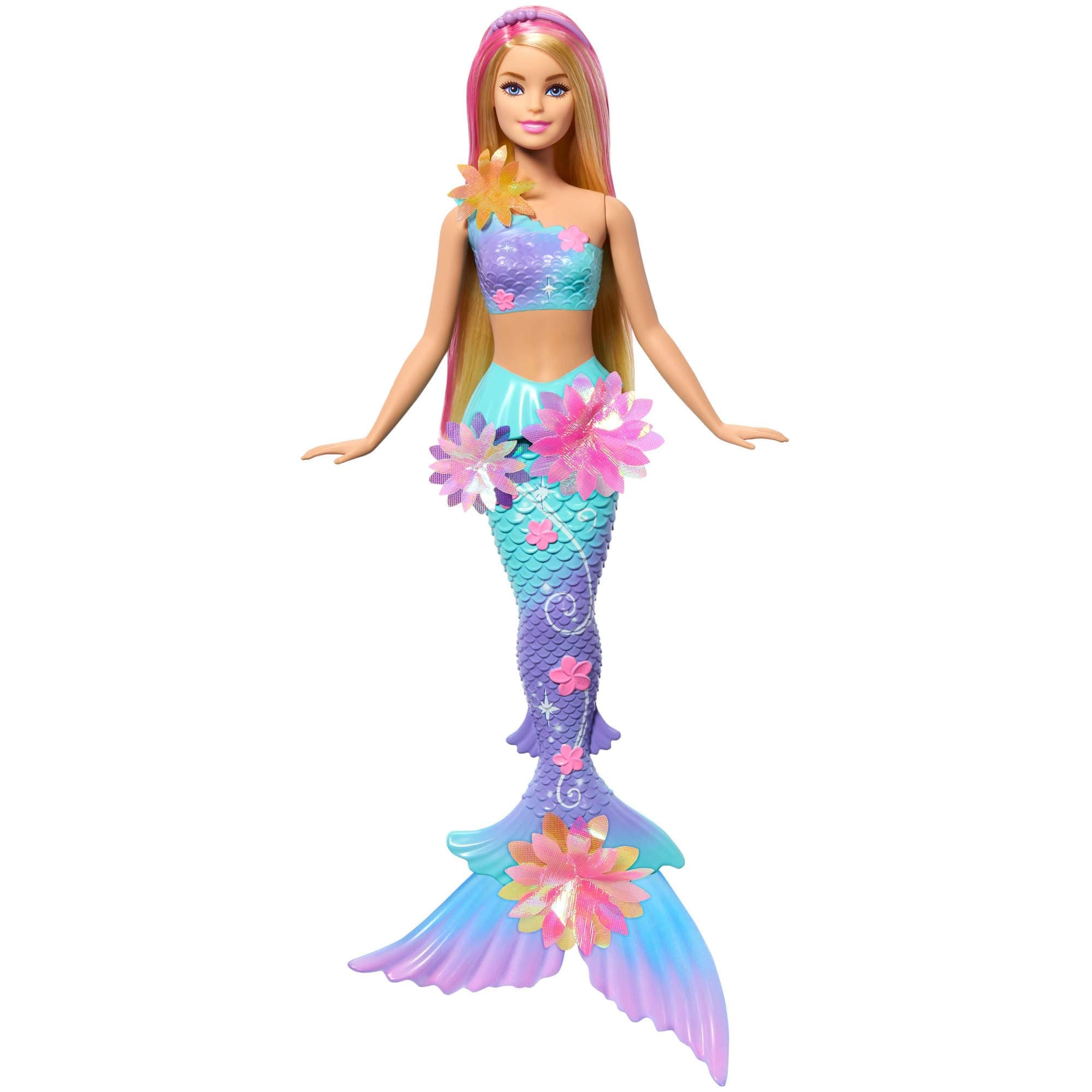 Barbie Meerjungfrauen-Spielzeugpuppe mit magischer Überraschungsblüte, Schwanzflosse mit Farbverlauf, perlenbesetztem Haarreif und langem blonden Haar mit rosa Strähchen, JDM72 Blond-rosa