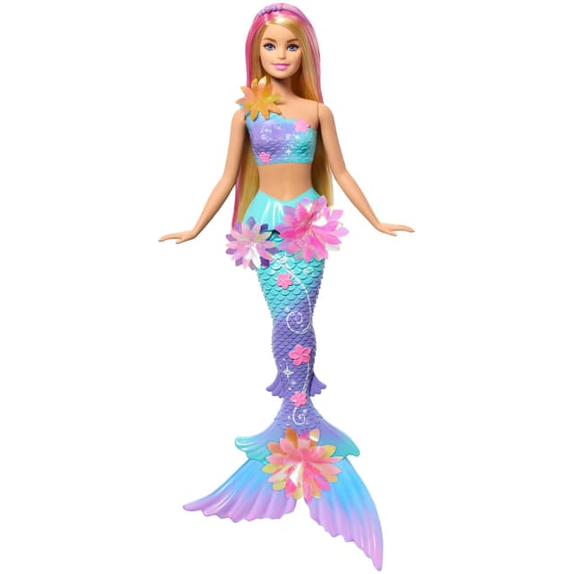 Barbie Meerjungfrauen-Spielzeugpuppe mit magischer Überraschungsblüte, Schwanzflosse mit Farbverlauf, perlenbesetztem Haarreif und langem blonden Haar mit rosa Strähchen, JDM72 Blond-rosa