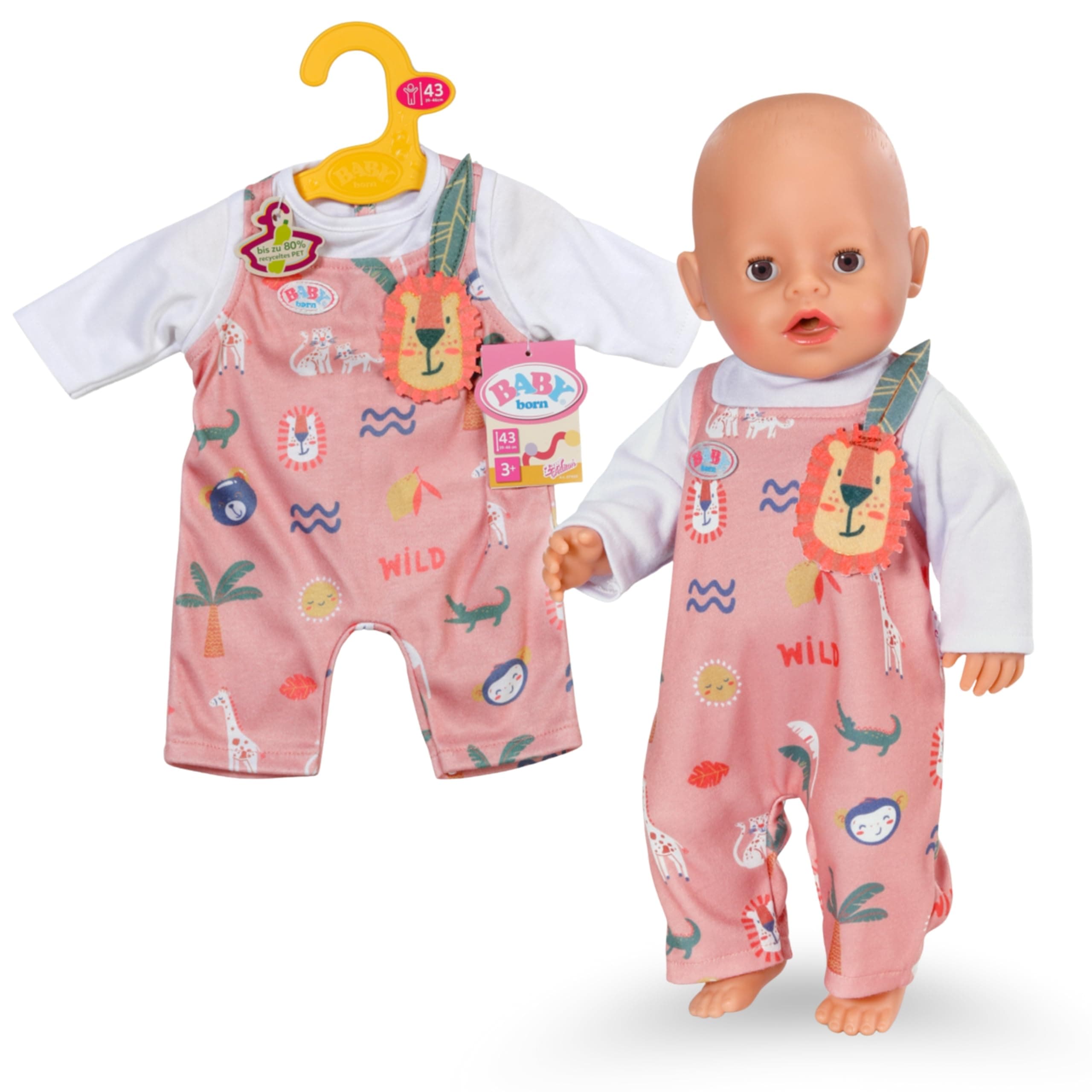 BABY born Strampler mit Langen Ärmeln & Dschungelmotiven - Hochwertiges Puppenzubehör - Kleidung geeignet für Puppen der Größe 43 cm