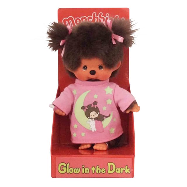 Sekiguchi 223732 - Original Monchhichi Mädchen, Plüschfigur mit rosa Schlafshirt, Glow in the Dark Elementen und Zöpfen mit Schleifen, ca. 20 cm großes Kuscheltier aus braunem Plüsch Single