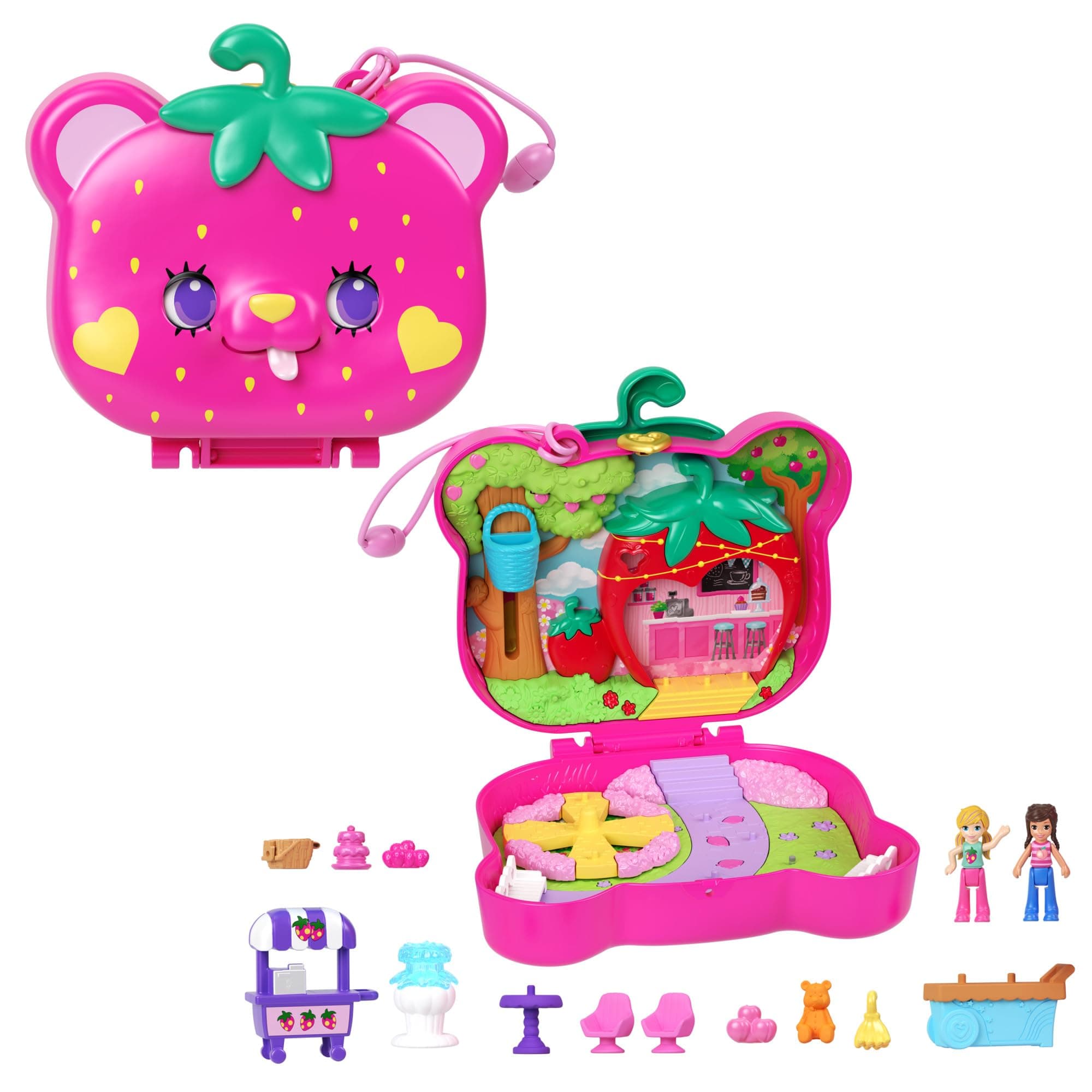 Polly Pocket Erdbeer Bärchen Schatulle - inklusive 2 Puppen, 12 Accessoires und 5 Motiven zum Geschichtenerzählen drehbare Augen und tollem Garten-Spielplatz, für Kinder ab 4 Jahren, HRD35
