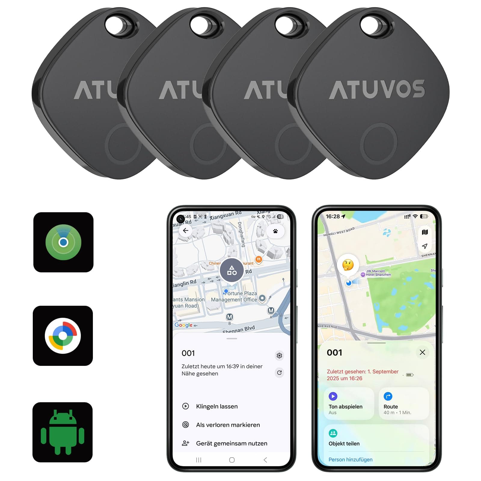 ATUVOS Dual-System Air Tag Pro 4er Pack, Smart Schlüsselfinder Tracker kompatibel mit Android Google Mein Gerät finden or iOS Apple Wo ist? App (Huawei nicht unterstützt), Key Finder für Gepäck,Koffer Air Tag Pro/ Schwarz 4 Pack