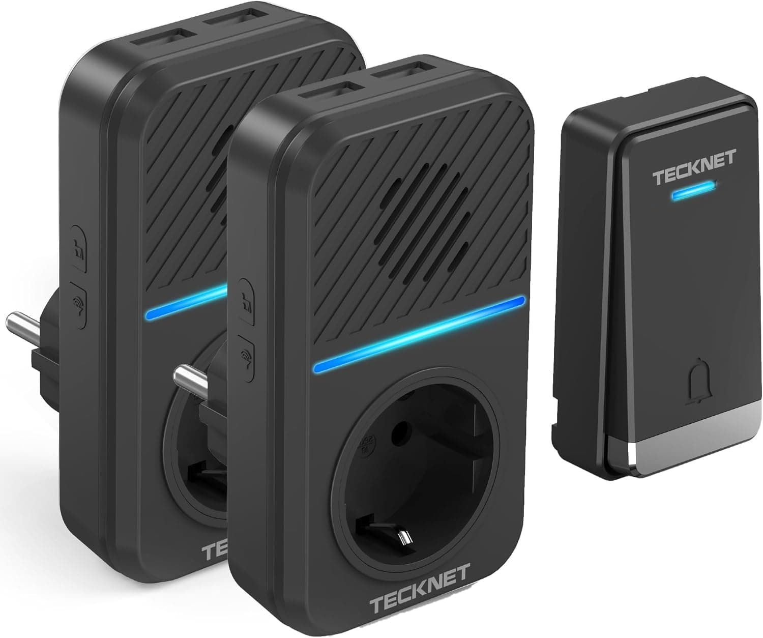 TECKNET Funkklingel Batterielose, Steckdosen Kabellose Türklingel, IP65 Wasserdicht Drahtloses Funk Türklingel mit 2 EU-Steckdose und USB, 400m, 60 Laute Melodien, 5 Lautstärke Stufen, LED-Blinken Schwarz