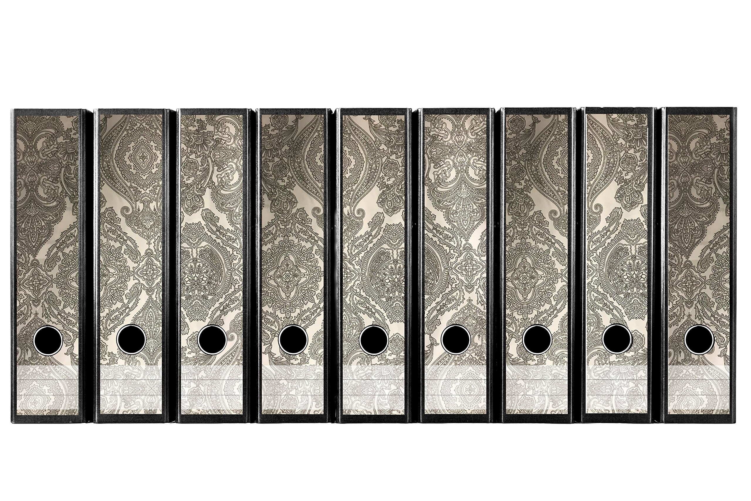 codiarts. Ordnerrücken selbstklebend | Etiketten Set für 9 breite Ordner | gestantzt mit Griffloch | Rückenschild breit | Vintage Design Ornamente grau beige