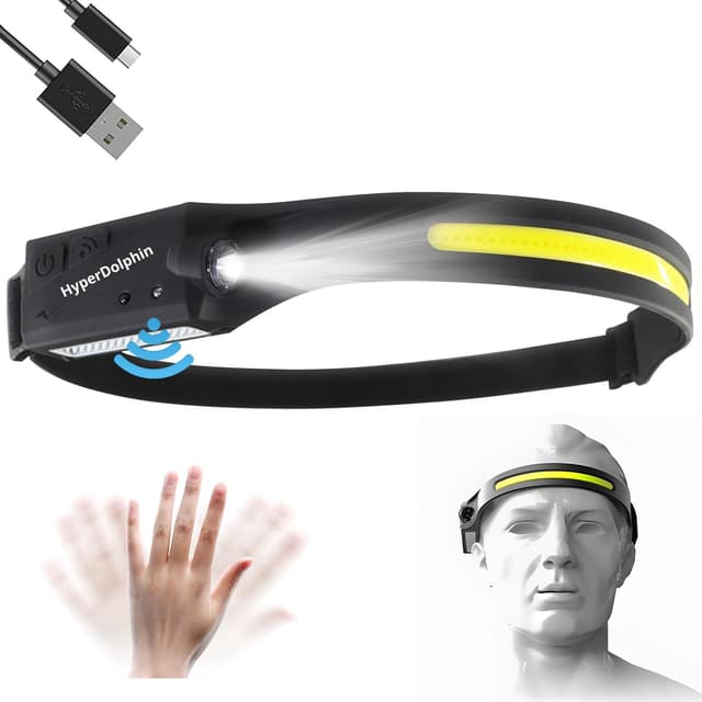 Stirnlampe LED Wiederaufladbar, Kopflampe mit Breitstrahl Stirnleuchte Aufladbar, stirnlampen, adventure light, 230 grad, usb c, 400 Lumen, 5 Modi, Bewegungssensor, Wasserdicht, Angeln (1, Schwarz-2)