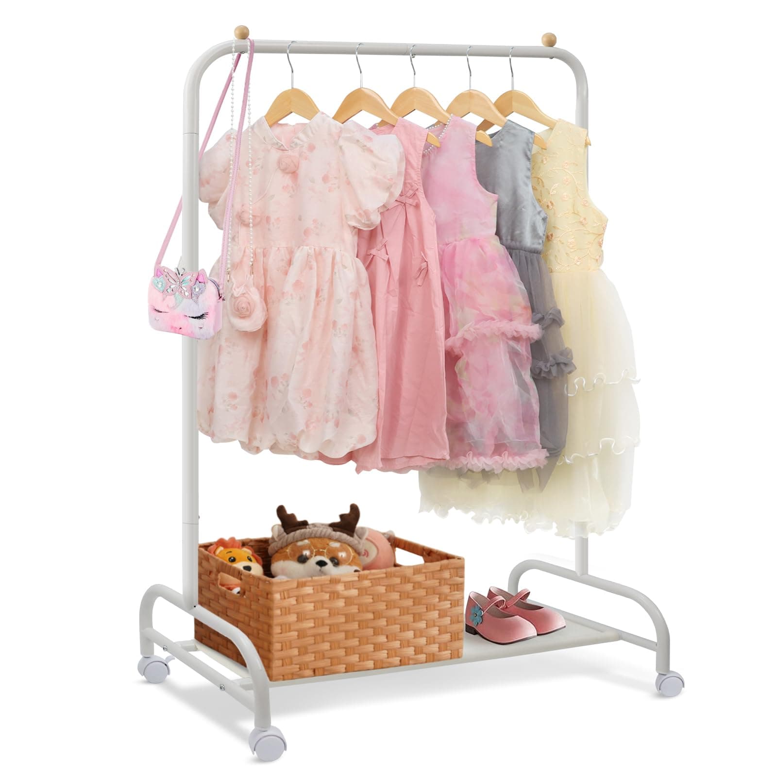 YGJT Kleiderständer kinder, Kleiderständer auf Rollen Garderobenständer, fahrbarer klein kleiderständer metall, kleiderständer stabil mit unterem Gestell Schuhregal für Mäntel, Röcke, Kostüme, Weiß Casual