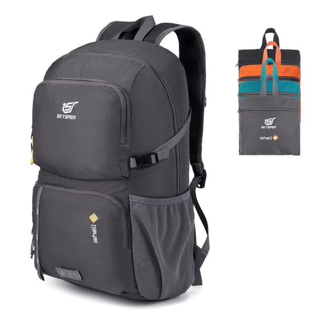 SKYSPER Ultraleichter Faltbarer Rucksack mit Nassfach - Wasserfest und Verstaubarer Daypack für Wandern, Reisen, Radtouren und Städtetrips Ishell30-dunkelgrau