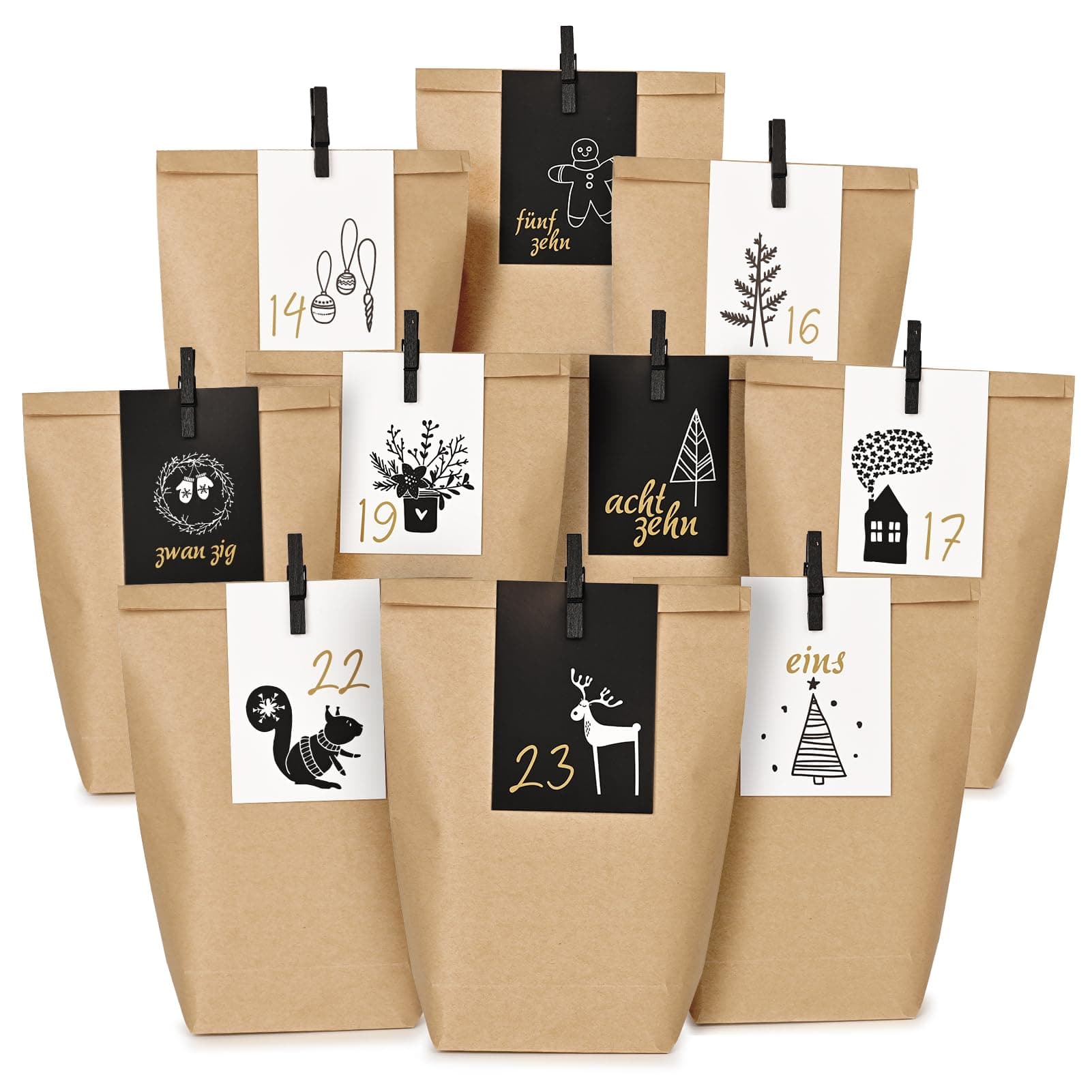 Adventskalender tüten zum Befüllen - 24 bedruckte Geschenktüten mit Visitenkarten - Papier Adventstüten - Weihnachtskalender zum Selber Befüllen für Kinder Junge und Männer, Wiederverwendbar