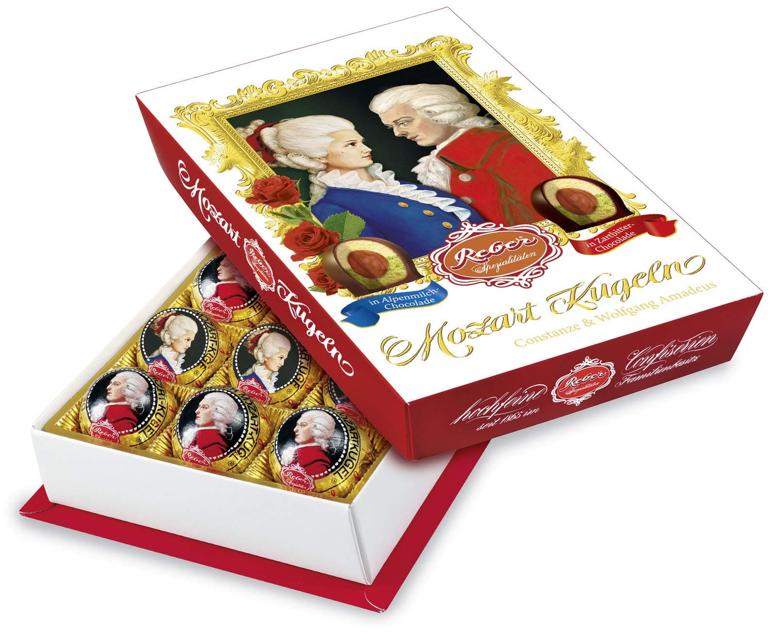 Reber Wolfgang & Constanze Mozart-Kugeln Barock, 15er Packung, Mozart-Kugeln aus Zartbitter- Alpenmilch-Schokolade, Gefüllt mit Pistazien, Marzipan, Mandeln, Haselnuss-Nougat, 300g (15 Mozart-Kugeln)