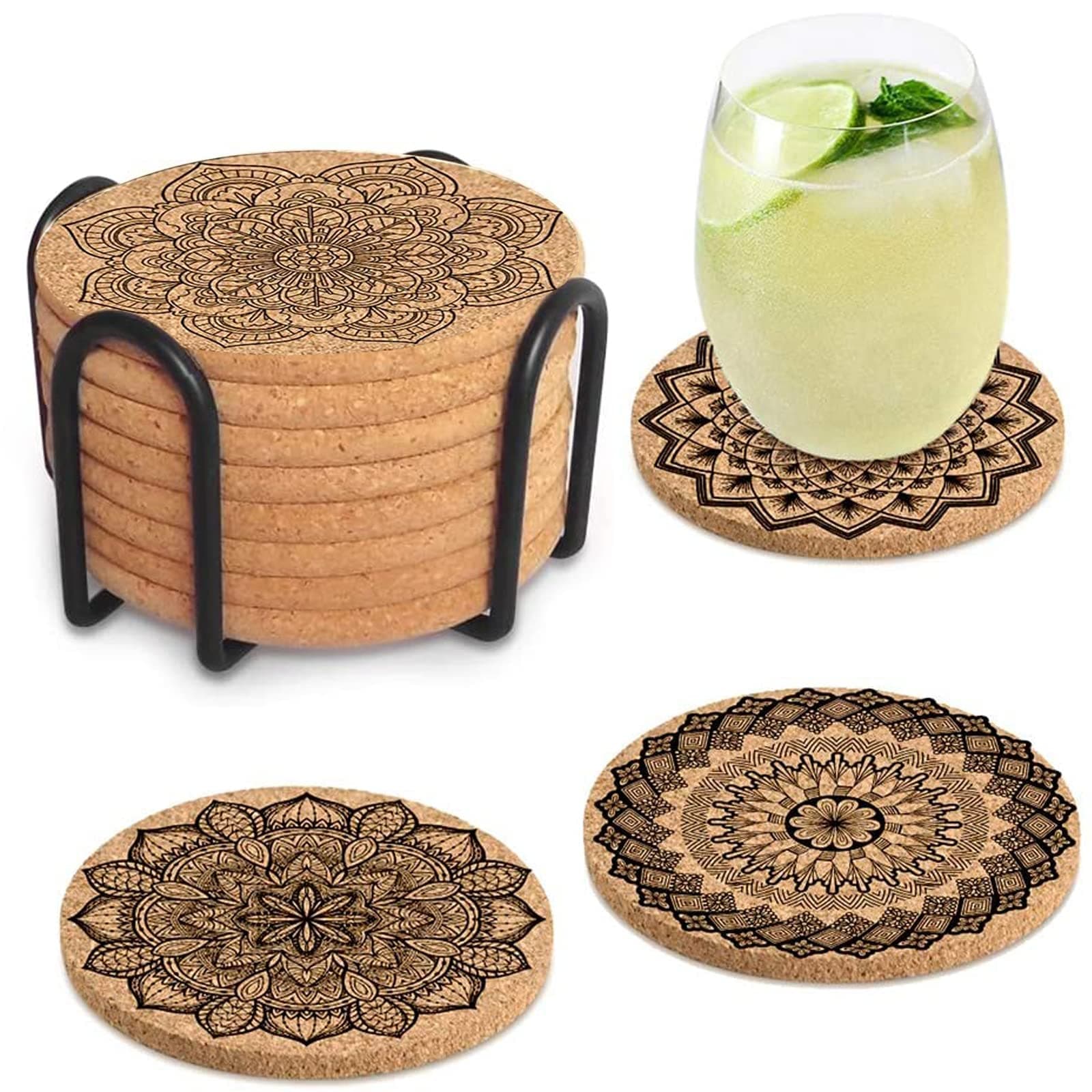 Untersetzer Kork, 8 Stück Korkuntersetzer Holz Wiederverwendbare Rund Untersetzer, Wiederverwendbare Saugfähigen Tasse Coaster Mat Glas Untersetzer-Set für Zuhause Restaurant Büro und Bar Untersetzer aus Kork
