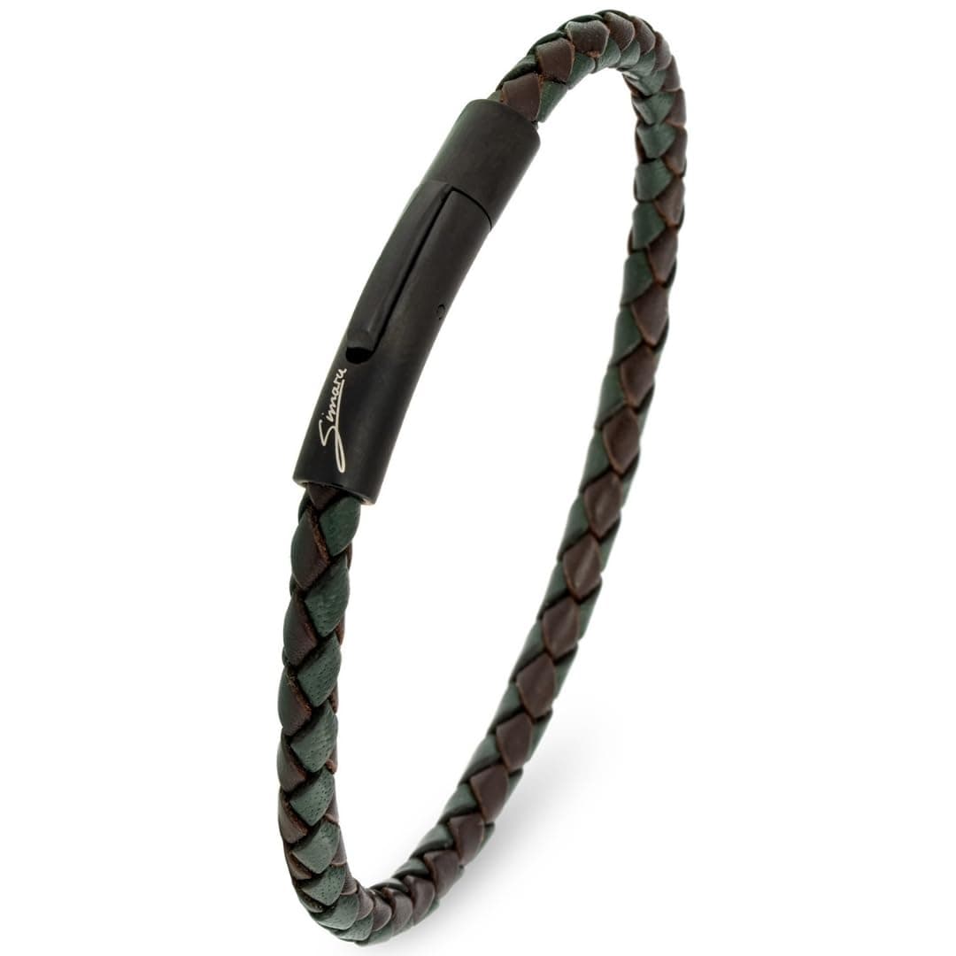 Simaru Lederarmband, 4mm geflochten für Frauen & Männer, Echtleder-Armband mit Edelstahl Hakenverschluss, Premium-Qualität Made in Germany XL - Handgelenkumfang von 18-19cm Dunkelgruen mix