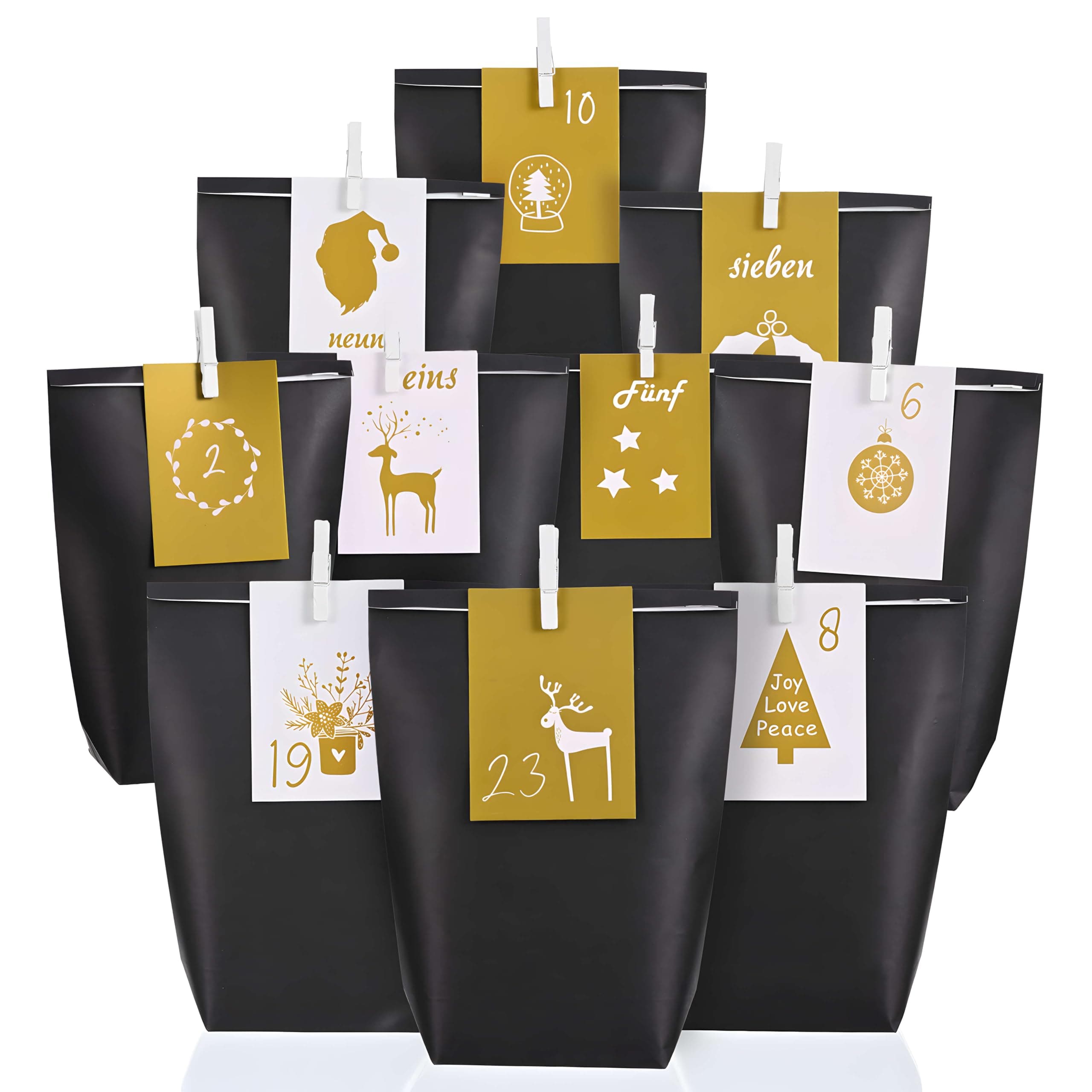 Adventskalender tüten zum Befüllen 2025-24 Schwarze Papiertüten XXL (22x16x6cm) mit Zahlenkarten & Holzklammern - Weihnachtskalender für Kinder Junge und Männer, Wiederverwendbar