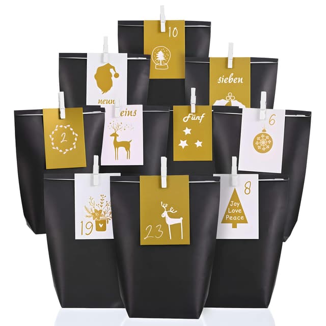Adventskalender tüten zum Befüllen 2025-24 Schwarze Papiertüten XXL (22x16x6cm) mit Zahlenkarten & Holzklammern - Weihnachtskalender für Kinder Junge und Männer, Wiederverwendbar