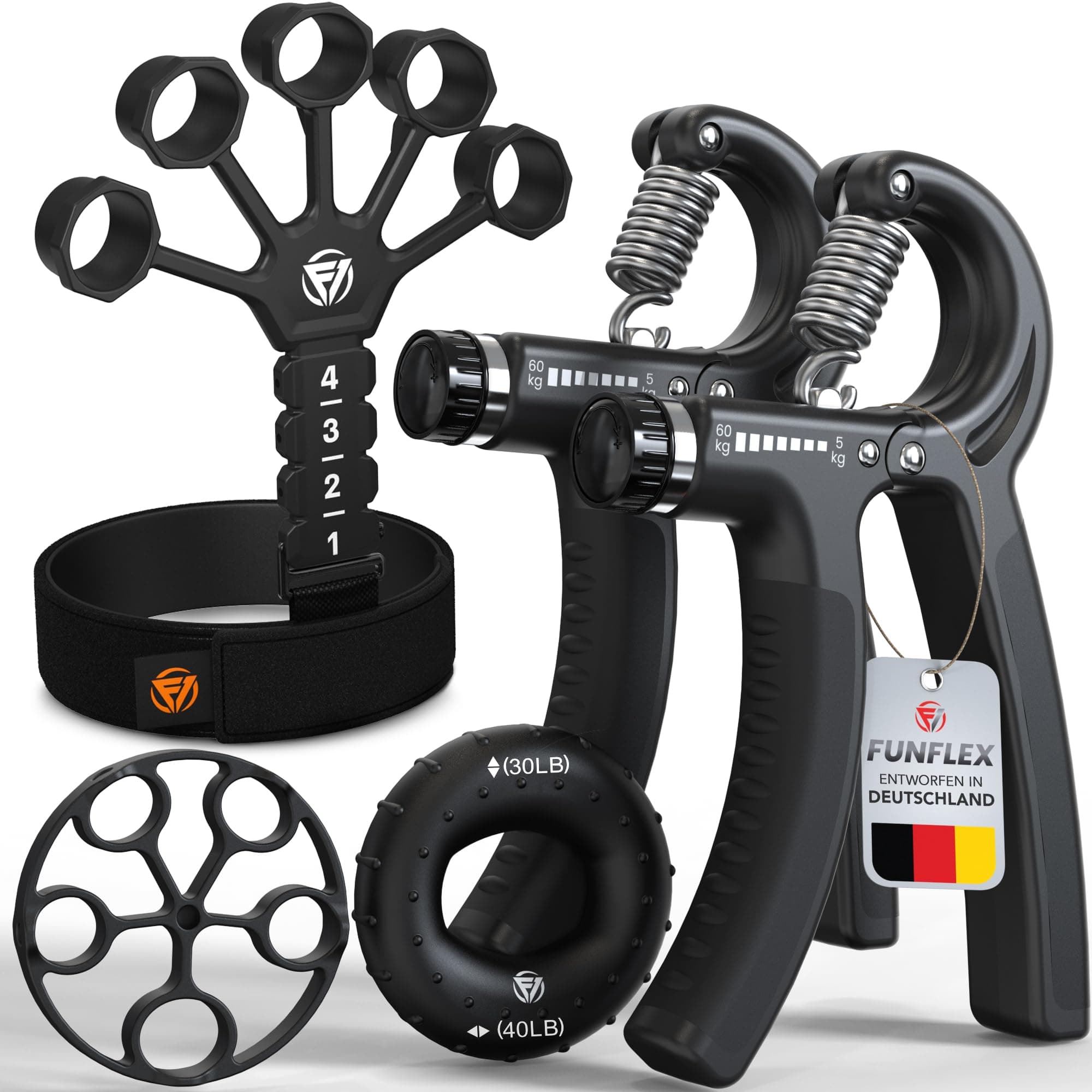 FUNFLEX Handtrainer Fingertrainer, Verstellbares Griffkraft Trainer Set -5-Teilig- Unterarmtrainer, Fingerstrecker, Handgelenk Band - Finger Grifftrainer - Grip Ring, Hand & Unterarm Training Schwarz 5er Set