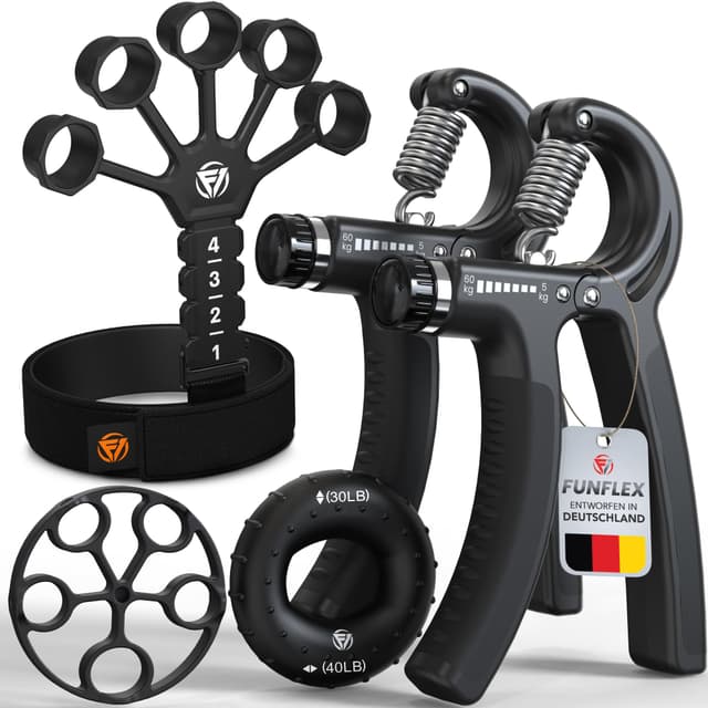 FUNFLEX Handtrainer Fingertrainer, Verstellbares Griffkraft Trainer Set -5-Teilig- Unterarmtrainer, Fingerstrecker, Handgelenk Band - Finger Grifftrainer - Grip Ring, Hand & Unterarm Training Schwarz 5er Set
