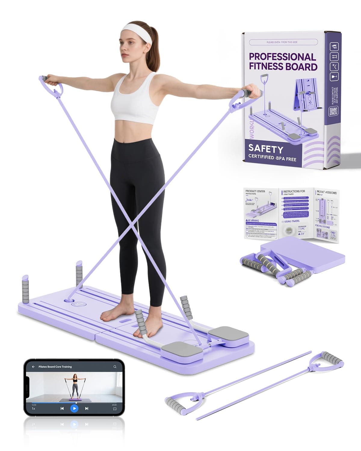 AMAZINGHOME Pilates Board mit automatischem Rückprall – Faltbares Core-Trainingsgerät für Zuhause, inkl. Knieschutz & Video-Anleitung, ideal für Anfänger & Profis Lila
