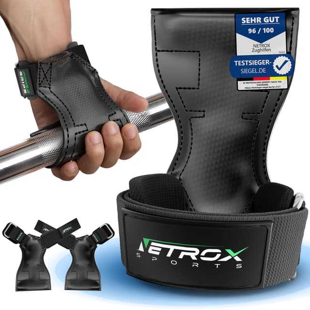NetroxSports - Power Grips Fast Zughilfen für Krafttraining – Fitness Lifting Straps für Kreuzheben, Bodybuilding mit Handgelenkschutz - Grip Zughilfe, Zughilfen Gym, Griffhilfen Männer & Frauen M Schwarz