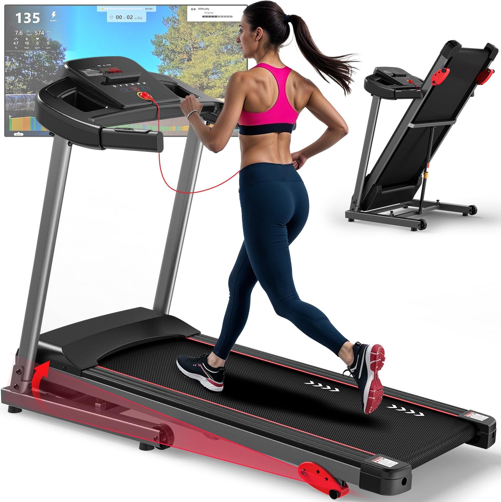 CharonFit T300 Laufband für Zuhause Klappbar mit Steigung bis 12km/h: 2.5-PS-Motor, 120KG Tragfähigkeit, App kompatibel - 2 Jahre Garantie Schwarz