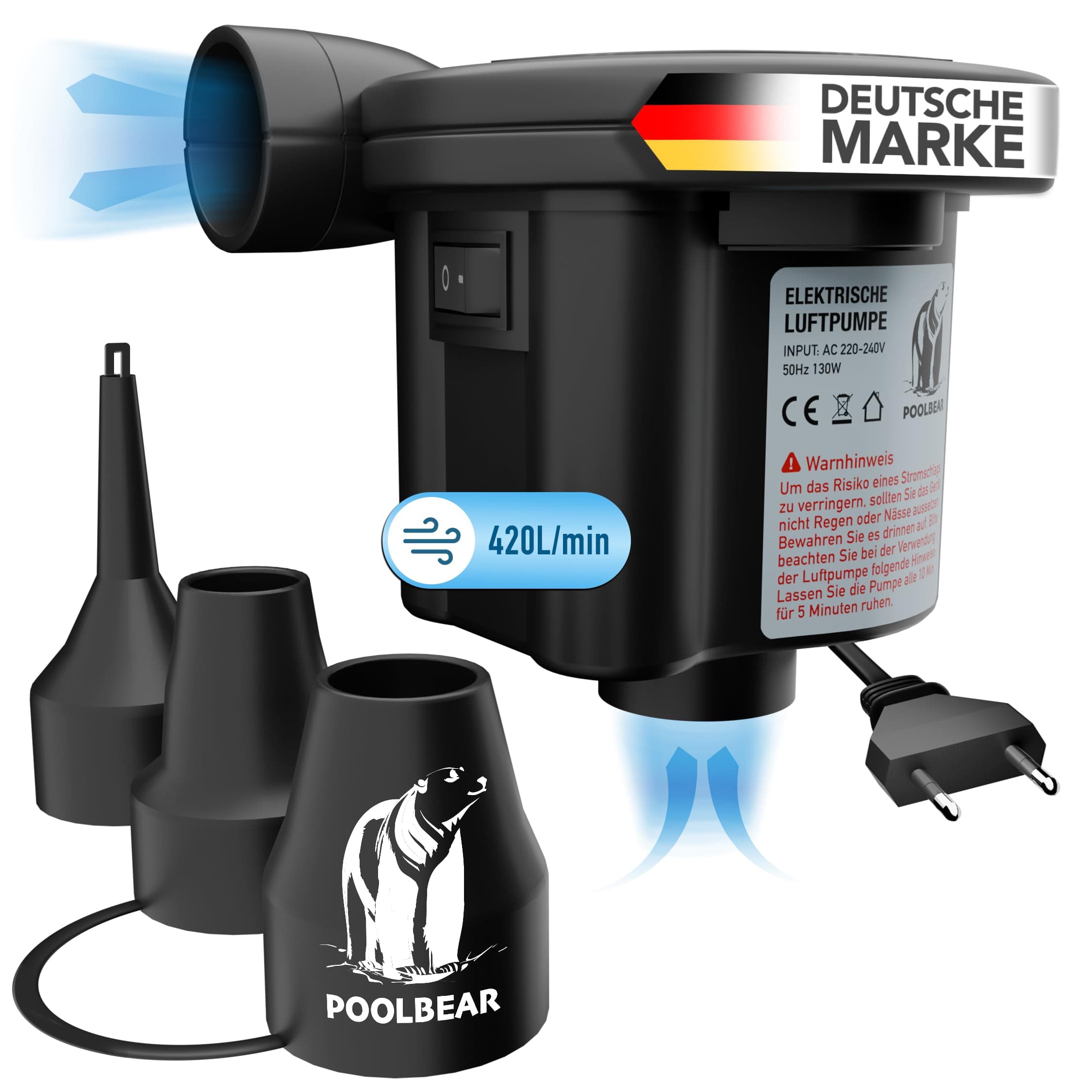 PoolBear | 2in1 Elektrische Luftpumpe | Elektro-Luftpumpen für Pool, Luftmatratze, Schlauchboot & Pool Mattress | Electric Air Pump mit 3 Aufsätzen