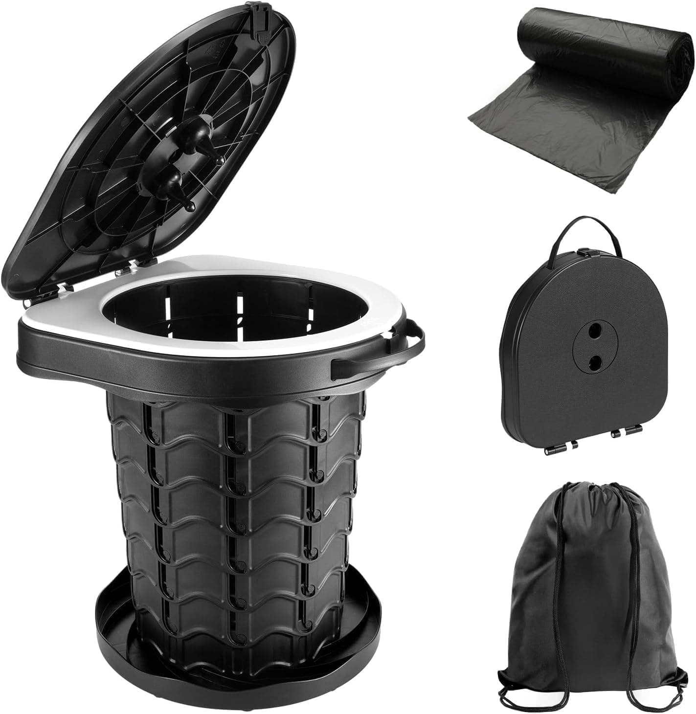 imodomio Campingtoilette Faltbar Camping Toiletten(WC) mit Deckel Mobile Toilette mit 10 Müllsäcke, ideal für Outdoor-Camping, Auto 13.6″ H-Schwarz(Basis ohne Fed)
