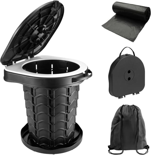 imodomio Campingtoilette Faltbar Camping Toiletten(WC) mit Deckel Mobile Toilette mit 10 Müllsäcke, ideal für Outdoor-Camping, Auto 13.6″ H-Schwarz(Basis ohne Fed)
