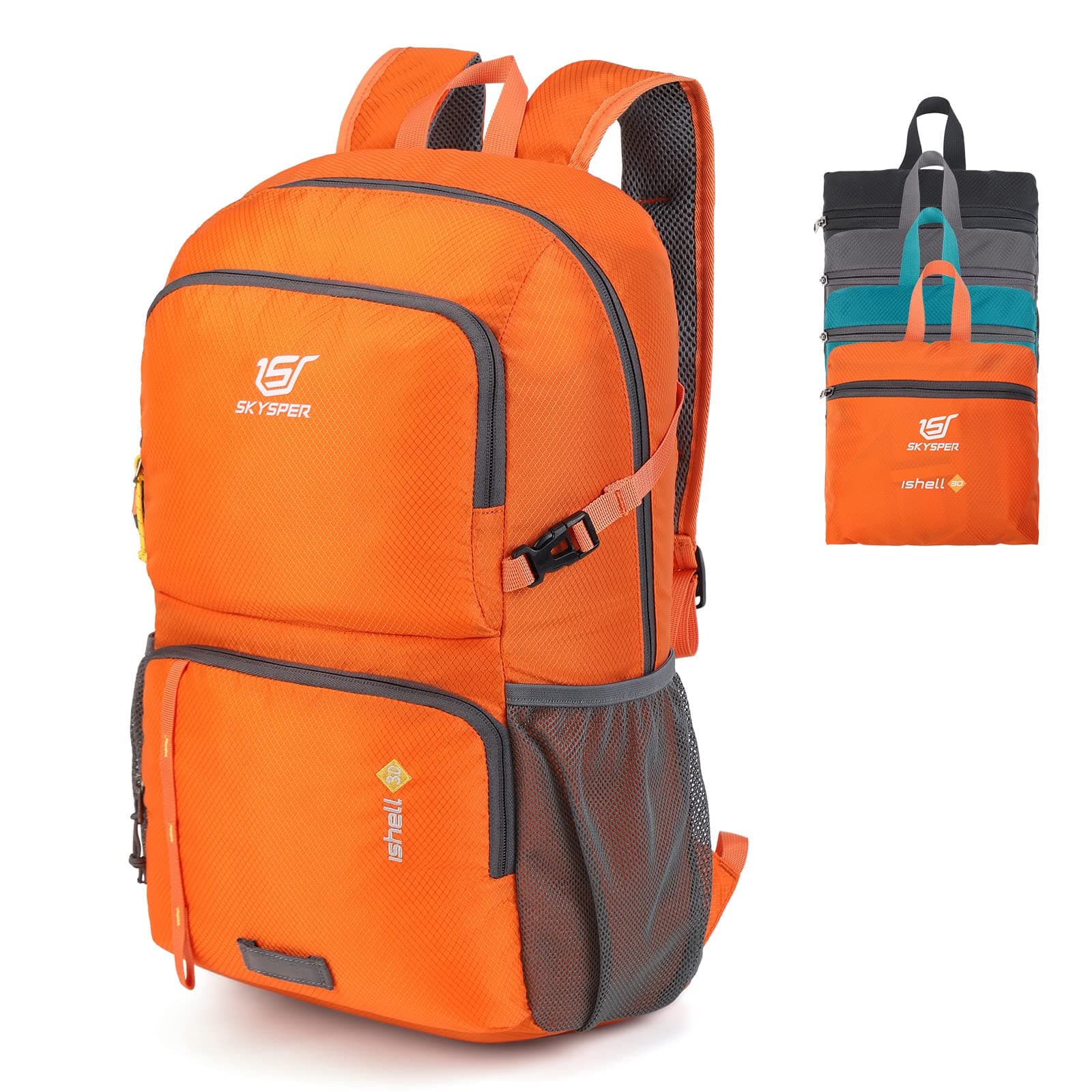 SKYSPER Ultraleichter Faltbarer Rucksack mit Nassfach - Wasserfest und Verstaubarer Daypack für Wandern, Reisen, Radtouren und Städtetrips Ishell30-orange
