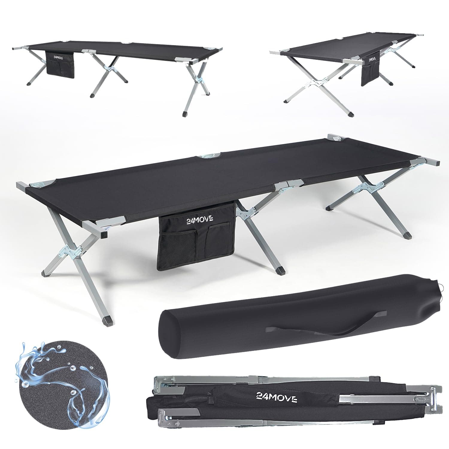 24MOVE® Feldbett Campingbett bis 180 kg In-und Outdoor Camping faltbar, 190 x 63 x 42cm, tragbar mit Tasche, für Garten oder Reisen 190x63 | 200 kg Schwarz