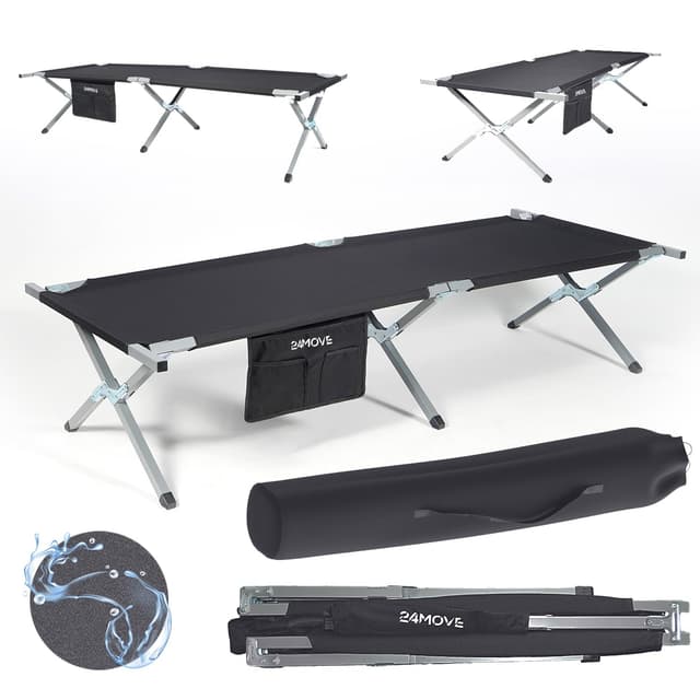 24MOVE® Feldbett Campingbett bis 180 kg In-und Outdoor Camping faltbar, 190 x 63 x 42cm, tragbar mit Tasche, für Garten oder Reisen 190x63 | 200 kg Schwarz