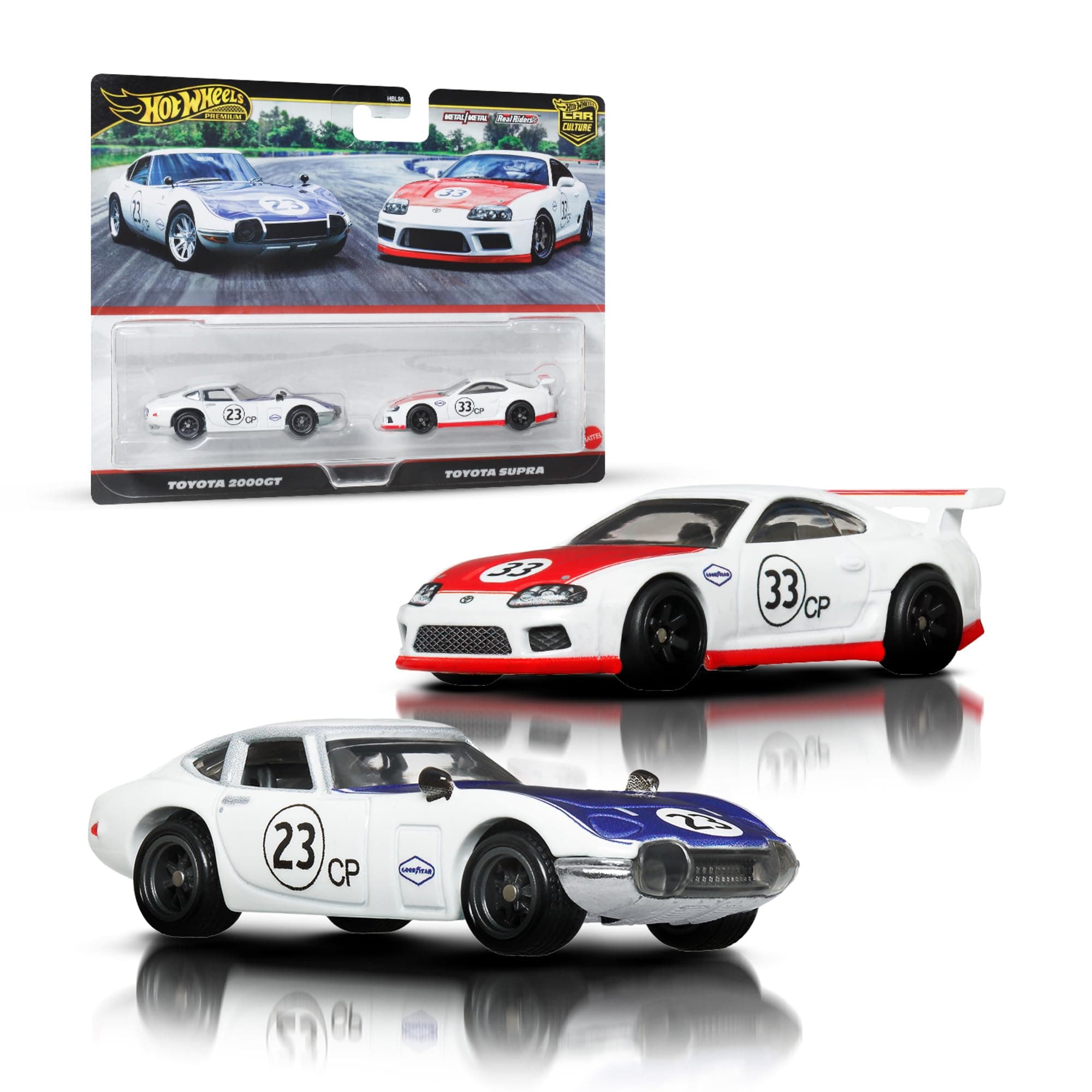 Hot Wheels Premium Car Culture 2er-Pack Fahrzeuge im Maßstab 1:64, Einzigartige Zusammenstellungen, Real-Riders-Reifen, Metall-/Metall-Karosserie, Spielzeug für Sammler, JBL03 Ford & Toyota