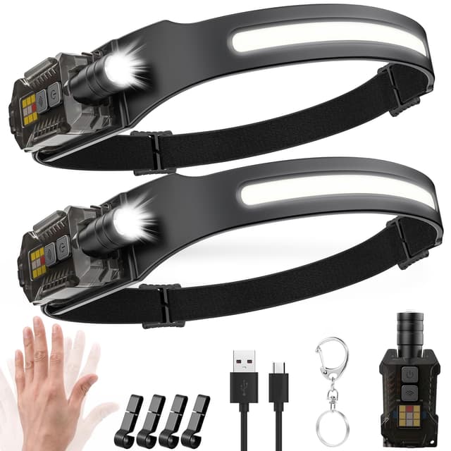 Stirnlampe LED Wiederaufladbar,2000 Lumens 230° Weitwinkel Zoombare Kopflampe mit Sensor,9 Lichtmodi mit UV Lampe,Abnehmbare magnetische Leichtgewichtig Stirnlampen,für Camping,Joggen,Wandern,Angeln 2 Stück