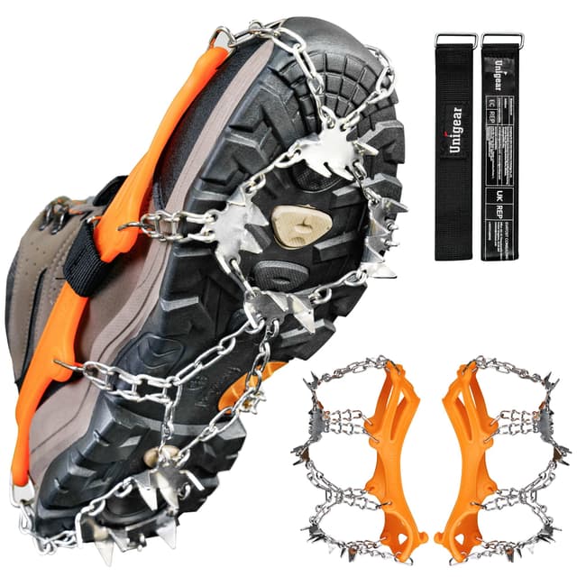 Unigear Steigeisen für Wanderschuhe, Grödel und Spikes für EIS, Schnee,24 Schuhspikes,Schneespikes, Eisstollen, Traktion mit Anti-Rutsch für Walking, Joggen, Klettern und Wandern M Orange