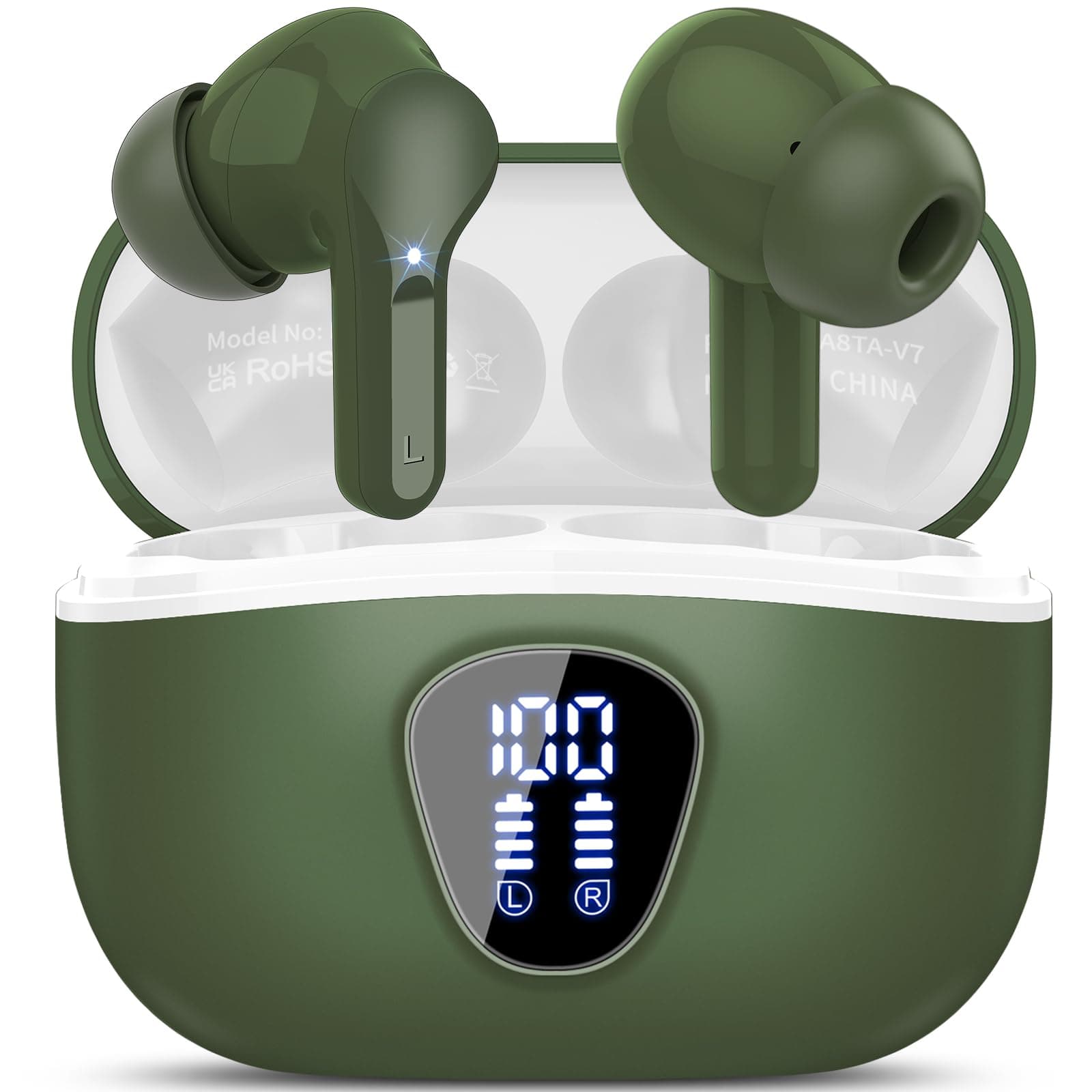 Bluetooth Kopfhörer, Kopfhörer Kabellos Bluetooth 5.4 In Ear, 4 ENC Noise Cancelling Mic Ohrhörer, HiFi Stereo Tiefbass, 40H Spielzeit, IP7 Wasserdichte Earbuds, Touch Control, LED-Anzeige, Retro Grün