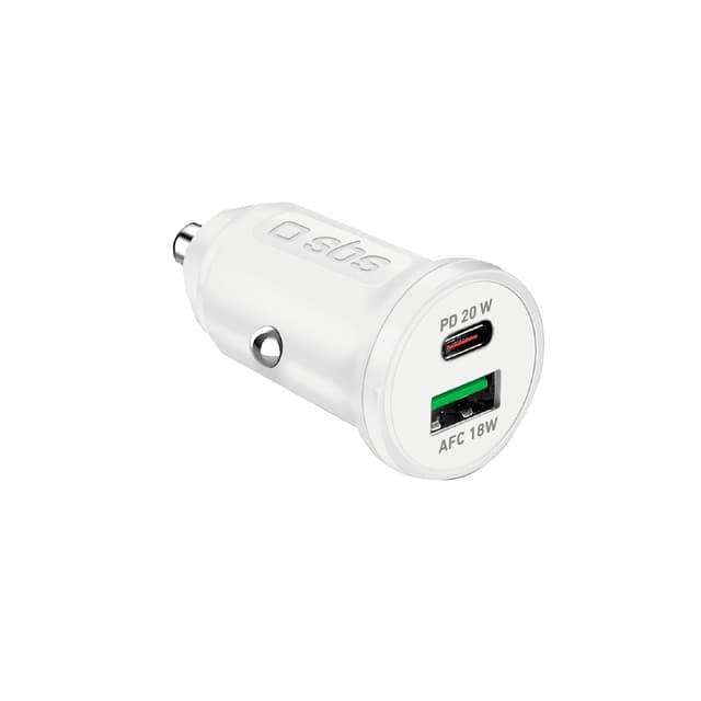 SBS Mini-Autoladegerät, Power Delivery 20 W, Schnellladung, Adaptive Fast Charge (AFC), Status-LED, USB-C, USB-A, 12-V-Buchse, für iPhone, iPad, AirPods, Samsung, Smartphone, Tablet, Weiß 20W