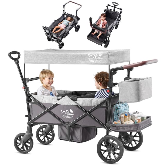 Bollerwagen für 2 Kinder, faltbarer Kleinkinderwagen mit Dach und abnehmbarem Tablett,Tür mit Reißverschluss,5-Punkt-Gurt, verstellbarer Griff, Bollerwagen mit Sitz, Handwagen Ziehen & Schieben