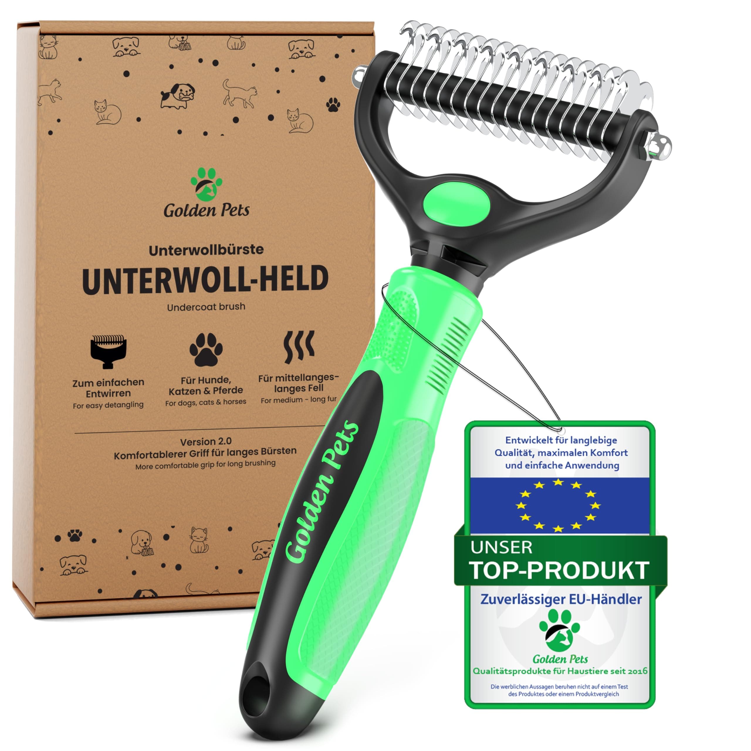 TESTURTEIL SEHR GUT Profi Unterwollbürste & Unterfellbürste I Hundebürste & Katzenbürste für langhaar I Unterwollkamm entfernt Unterwolle & Verfilzungen Größe M-L