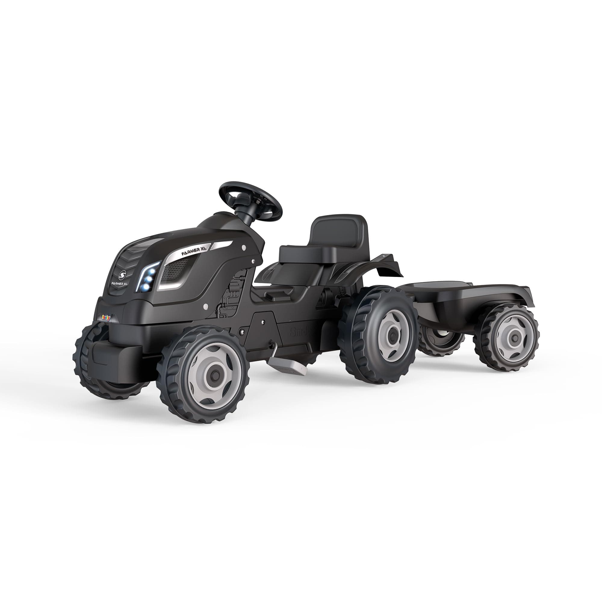 Smoby - Traktor Farmer XL Schwarz + Anhänger - Trettraktor für Kinder - Verstellbarer Sitz - Lenkrad mit Hupe - Motorhaube zum Aufklappen