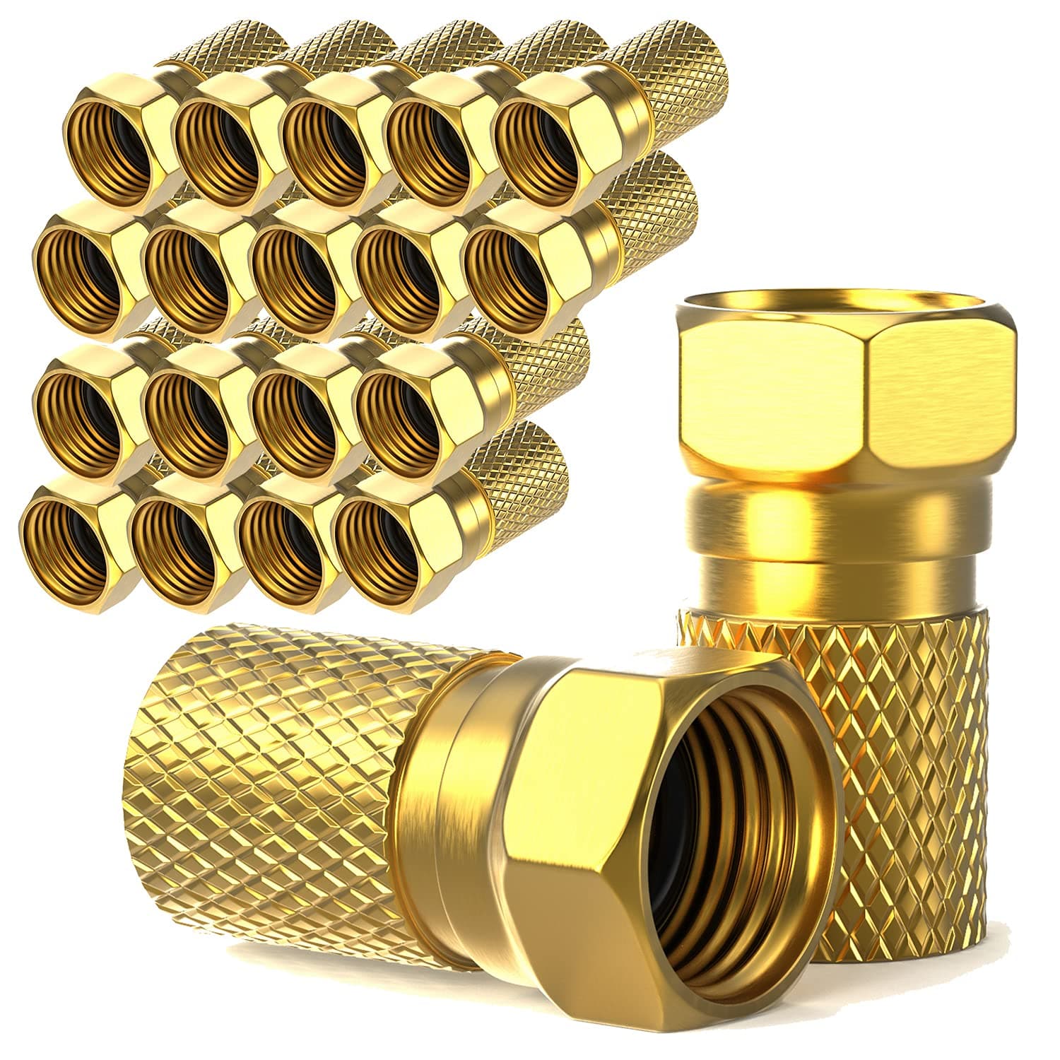 F-Stecker 7mm schraubbar | 20 Stück vergoldet | Gummidichtung | breite Mutter | für Koaxial Antennenkabel | Koax SAT Kabel | BK Anlagen | Satelliten LNB (20x, F-Stecker vergoldet)