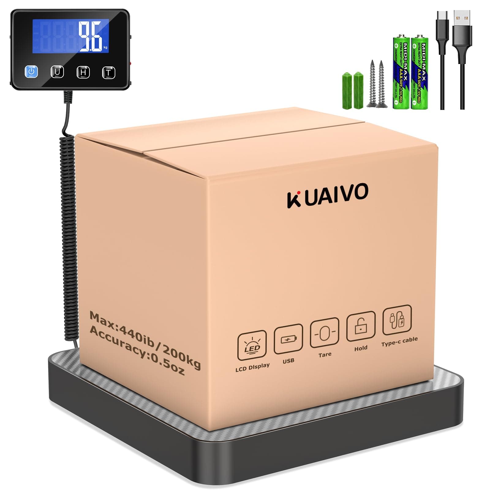 KUAIVO Paketwaage, Hochpräzise Plattformwaage 200kg/10g mit LCD/Hold/Tara Funktion, Postwaage aus Edelstahl für Pakete, Gepäck, Lagerhaus, Unternehmen und für den Hausgebrauch, Aufladbar P2H-03