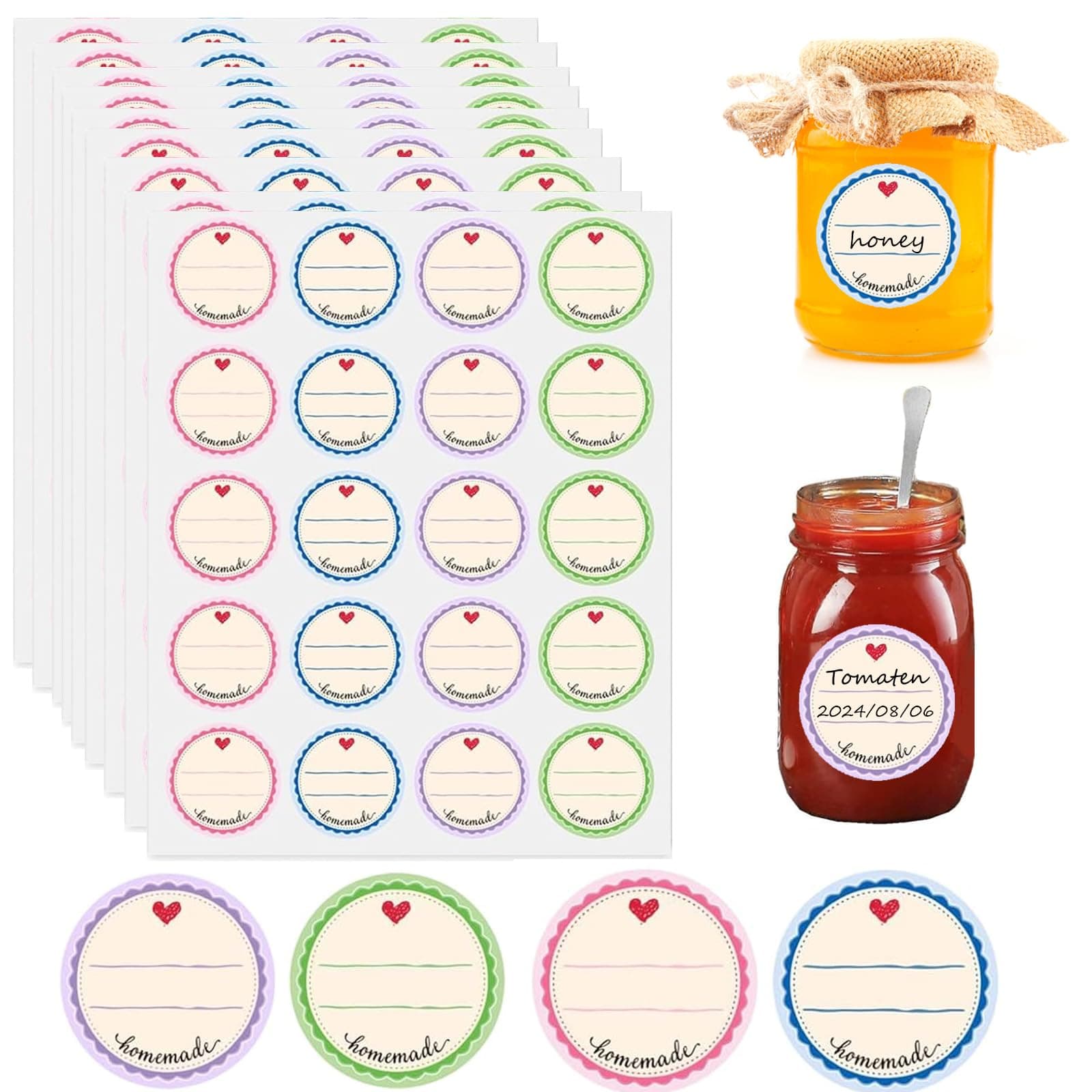 Xinfin 600 Stück Marmeladen Etiketten Selbstklebend, Aufkleber Marmeladengläser zum Beschriften von Einmach-Gläsern,Ablösbare Gewürzetiketten,38 mm Rund Handmade Sticker Geschenkaufkleber
