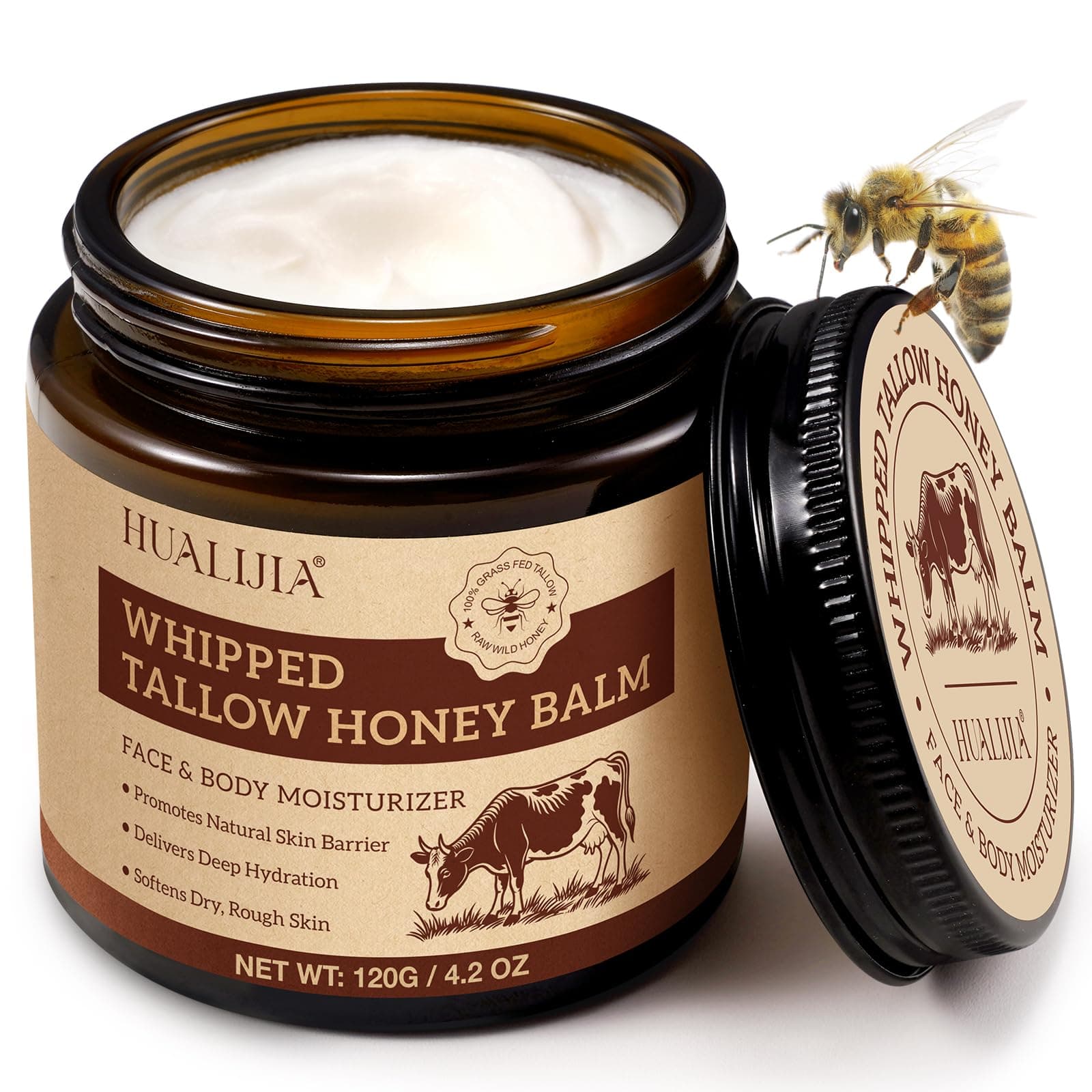 Beef Tallow Creme, Rindertalg Creme für für Gesicht & Körper - 100% Grasgefüttertes Rindertalg, Natürlicher Honig & Bienenwachs Feuchtigkeitscreme, Schnelle Absorption & Hautfreundlich, 120g 120 g (1er Pack)