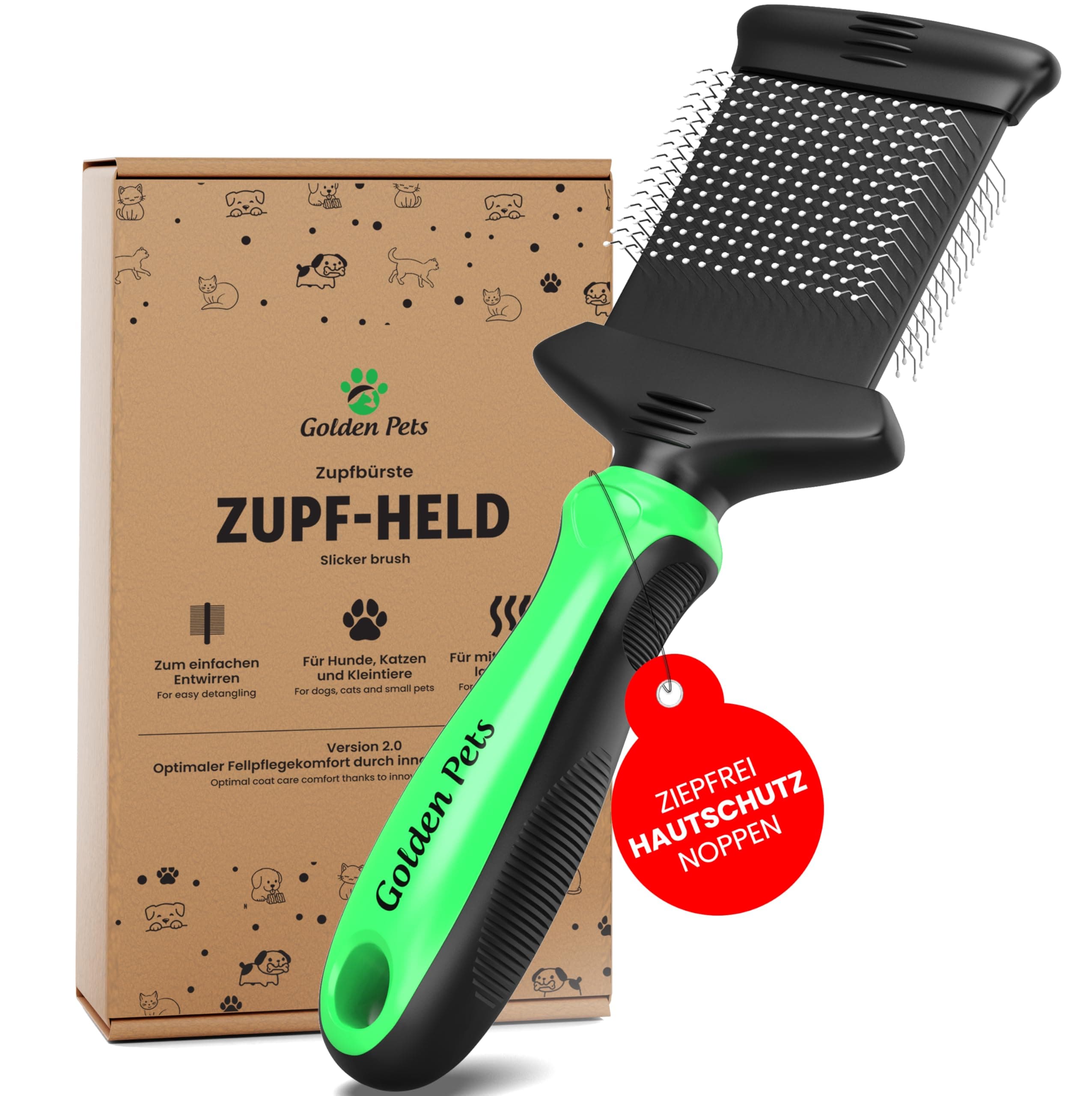 NEU! Zupfbürste für Hunde und Katzen mit Schutznoppen - Entfernt sanft Unterwolle, Verfilzungen & Knoten - Hundebürste für langhaarige Felltypen, Cockapoo Pudelbürste zur tägliche Fellpflege Größe M-L Zupfbürste 2.0 groß