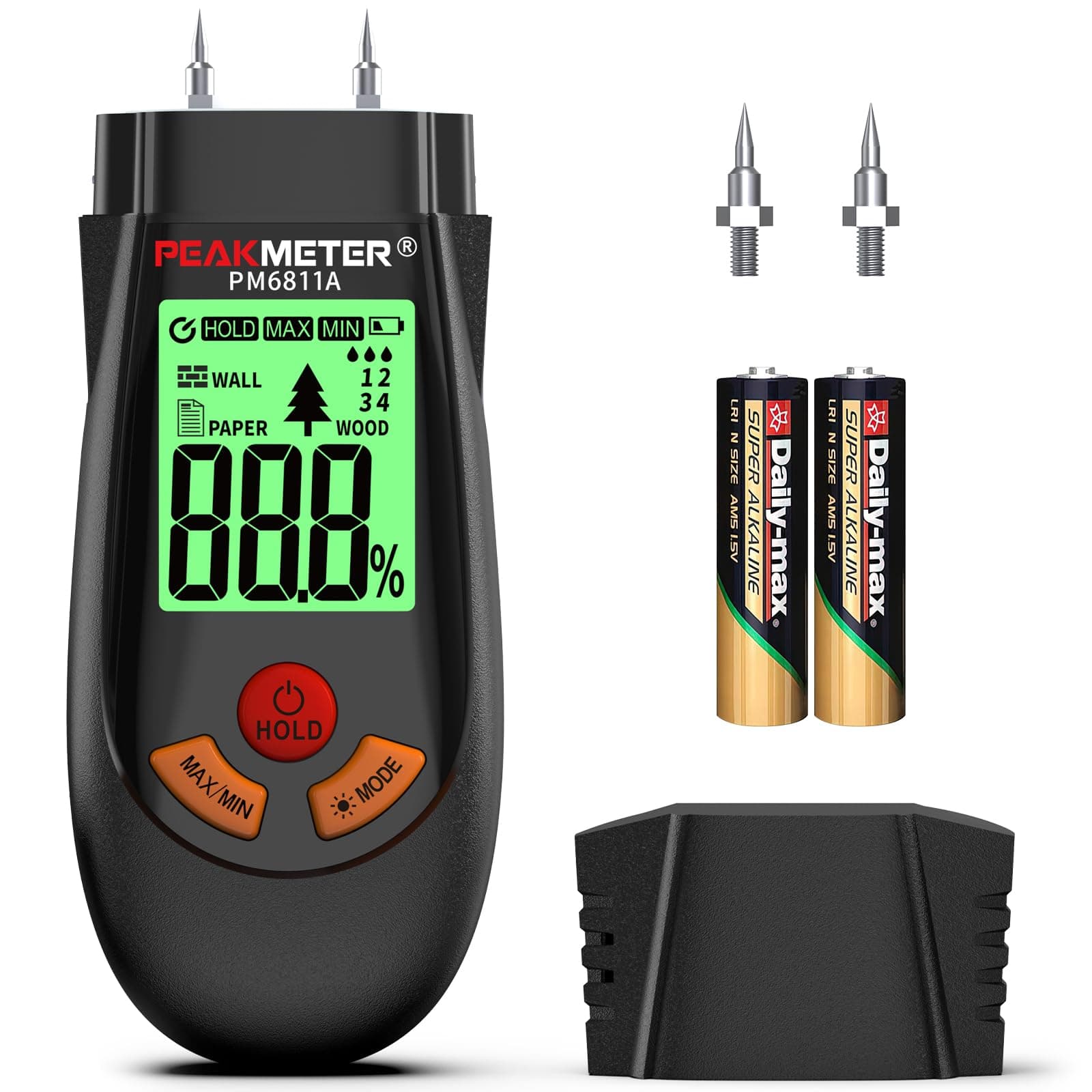 Feuchtigkeitsmessgerät, Feuchtigkeitsmesser Mit Batterie und LCD-Display, geeignet für die schnelle Bestimmung des Feuchtigkeitsgehalts von Rohholz, Papier, Sperrholz, Gipswände, Bodenbeläge, etc. PM6811A