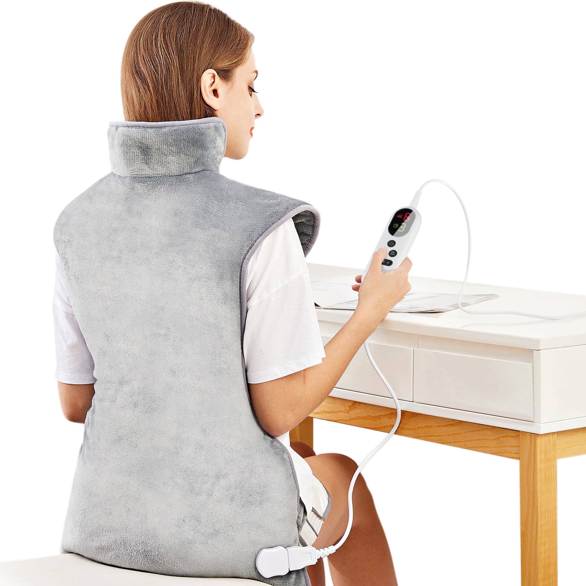Heizkissen für Rücken Schulter Nacken 60x100cm Wärmekissen mit Taillenriemen, Schnelle Erwärmung, 6 Heizstufen, Rückenwärmer Abschaltautomatik Timer, Flanell, maschinenwaschbar, EU-Stecker, Grau