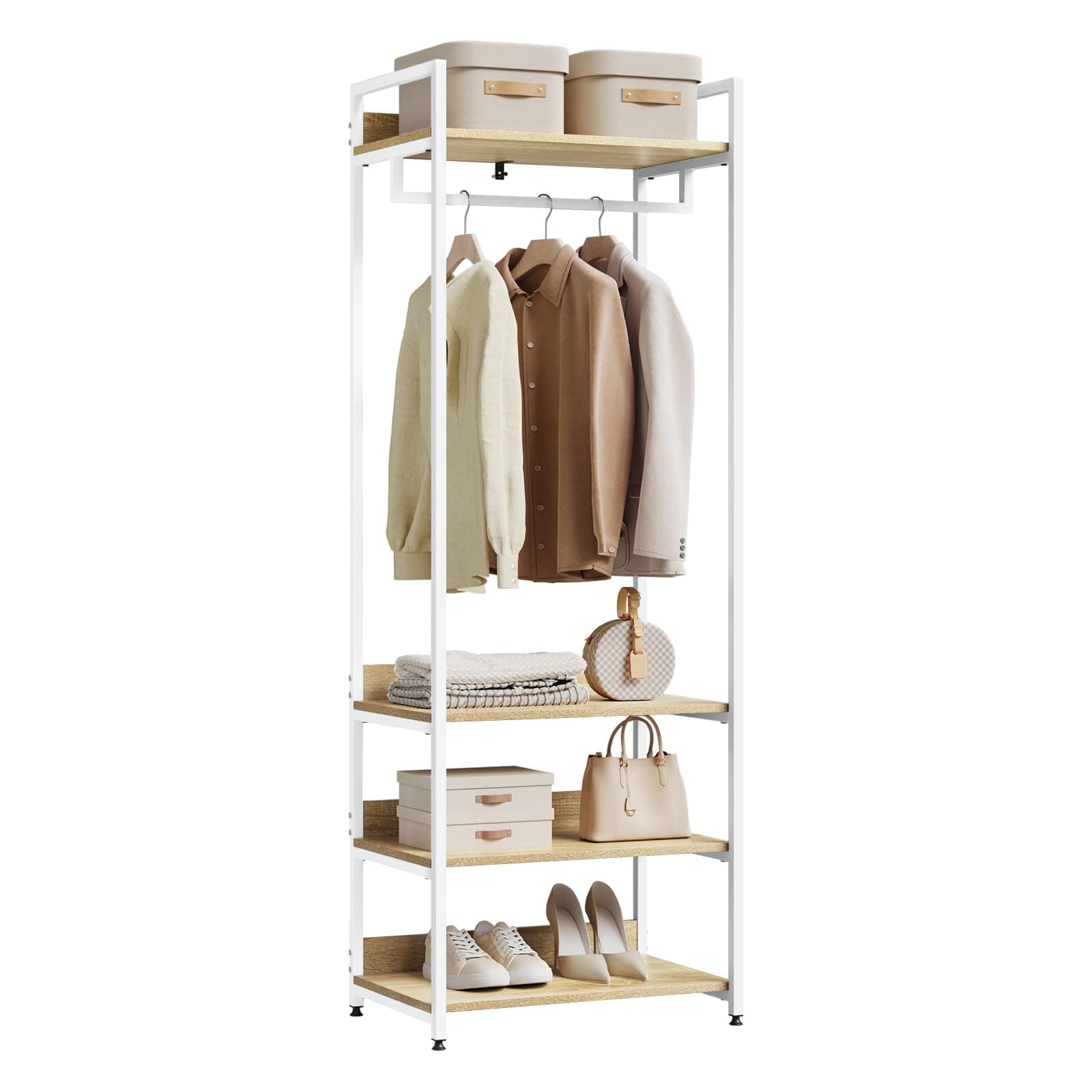 WOLTU Kleiderständer mit Regal Kleiderschrank Offener mit Schuhregal Garderobenständer für Schlafzimmer, Holz und Stahl Hell Eiche+weiß