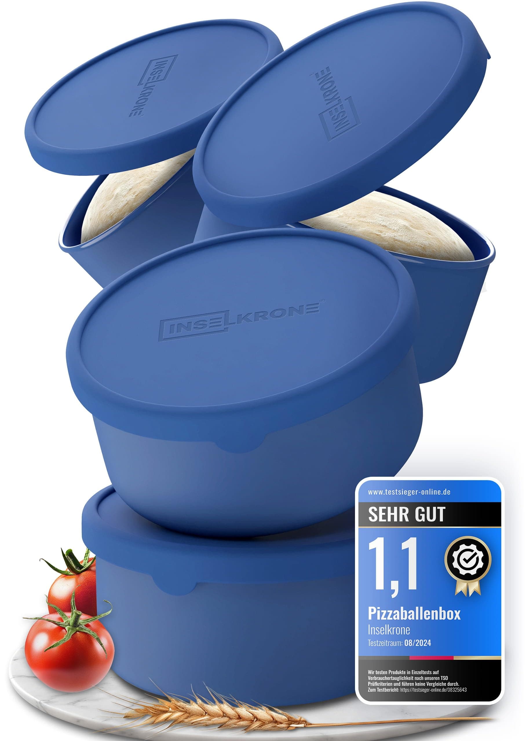 Inselkrone Pizzaballenbox mit Deckel 4er Set - Perfekt als Pizzabox, Gärbox & Teigbox - bis zu 350g Pizzateig Box - langlebiges Anti-Haft-Silikon - Ideal als Pizza Zubehör - Spülmaschinenfest - Ø14 cm 4 Stück blau