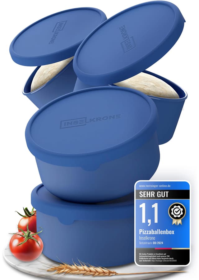 Inselkrone Pizzaballenbox mit Deckel 4er Set - Perfekt als Pizzabox, Gärbox & Teigbox - bis zu 350g Pizzateig Box - langlebiges Anti-Haft-Silikon - Ideal als Pizza Zubehör - Spülmaschinenfest - Ø14 cm 4 Stück blau