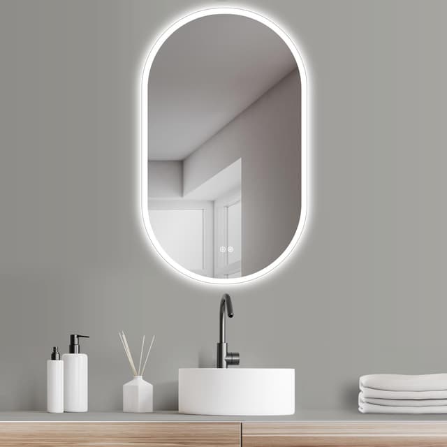 HOKO Design LED ANTIBESCHLAG Badezimmer Spiegel oval 45 x 75 cm. HOCH + QUER Montage möglich. Badspiegel LED beleuchtet. Mit 2 Touch Schalter + LED Licht Wechsel - Warmweiß - Kaltweiß - Neutral 75L x 45B cm Oval