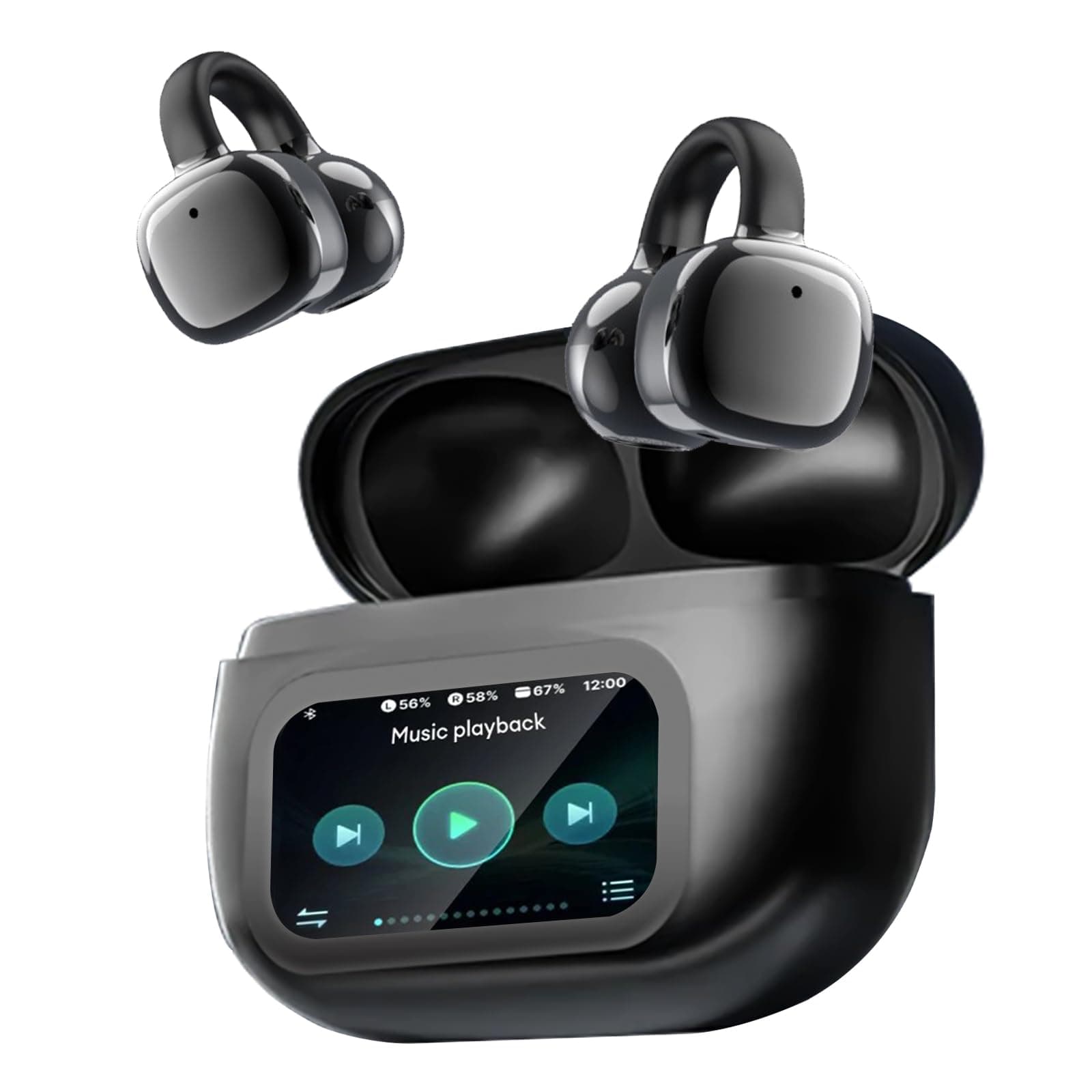 Open Ear Kopfhörer, Open-Ear-Clip Kabellose Kopfhörer mit Intelligenter Touchscreen, Bluetooth 5.4 Clip On Kopfhörer, 3,7g Buds, Geräuschunterdrückung bei Anrufen, 65 Std Laufzeit,IPX5 (Schwarz)