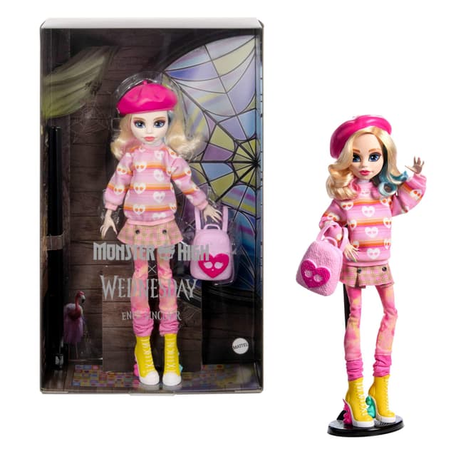 Monster High Wednesday Puppe und Accessoires, Enid Sinclair Sammelfigur in pink mit Baskenmütze und Rucksack, Puppenständer, HXJ05